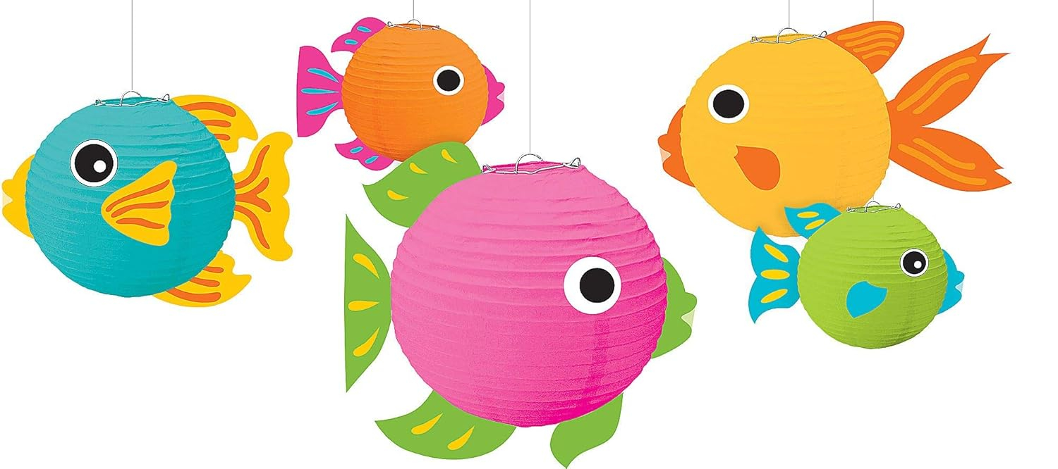 Amscan Summer Luau Fish Lanterns, 5-3/4"H x 7-3/4"W x 9-1/2"D, Multicolor, Pack Of 5 Lanterns