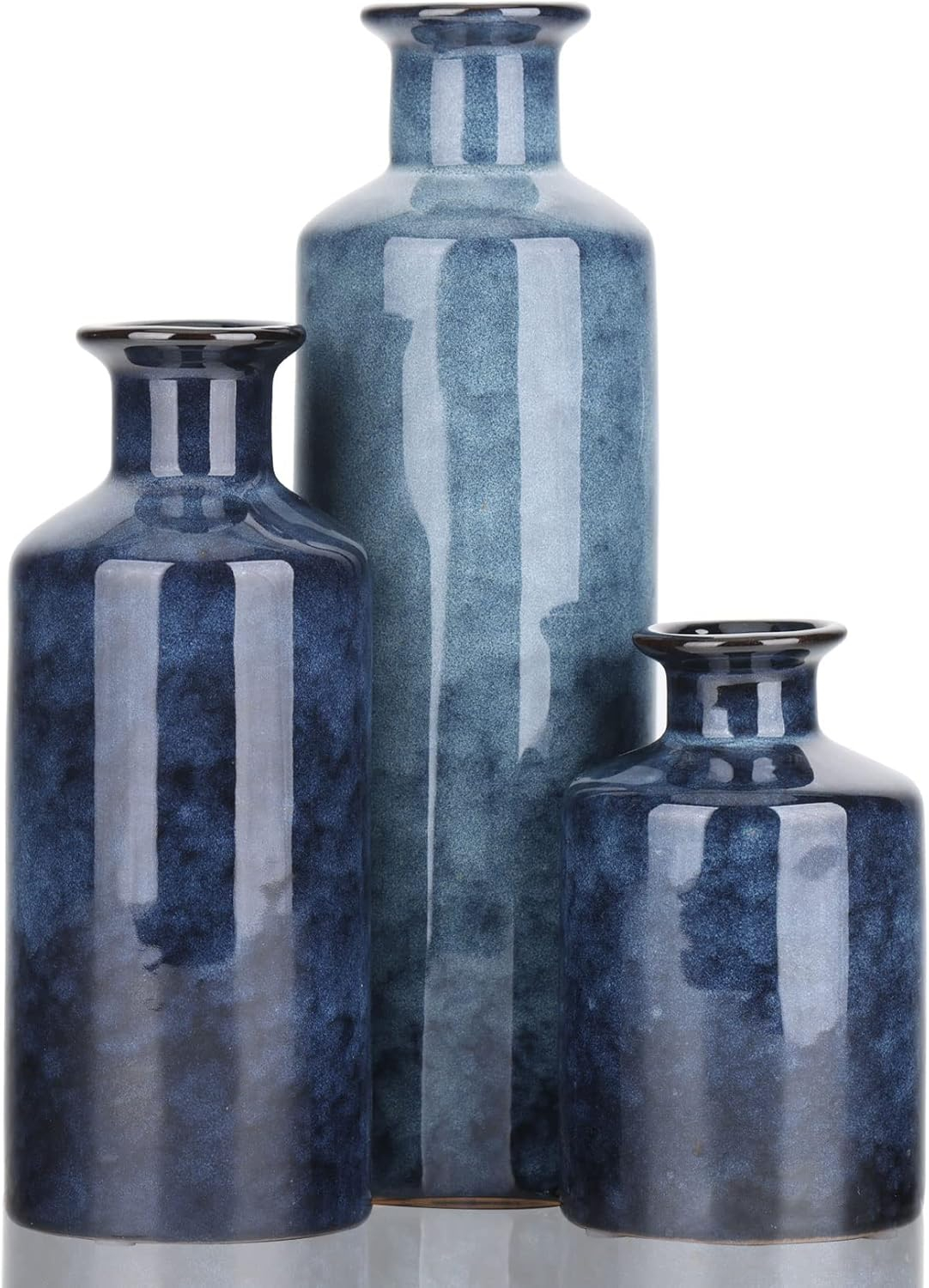 Blue Ceramic Vase Set for 3 - Modern Waterproof Small Vases, Farmhouse Country Home Decor, Living Room, Table, Fireplace, and Entrance Centerpieces