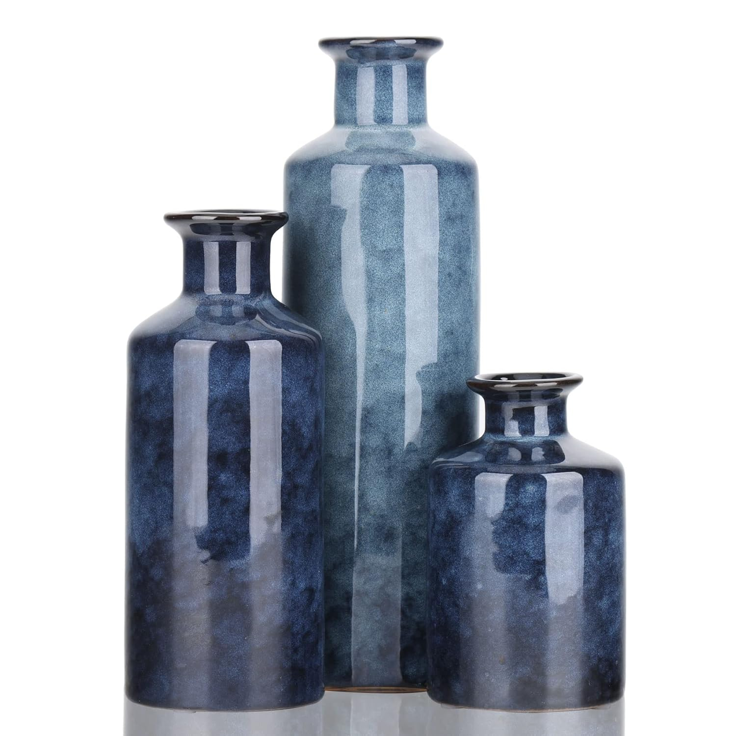 Blue Ceramic Vase Set for 3 - Modern Waterproof Small Vases, Farmhouse Country Home Decor, Living Room, Table, Fireplace, and Entrance Centerpieces