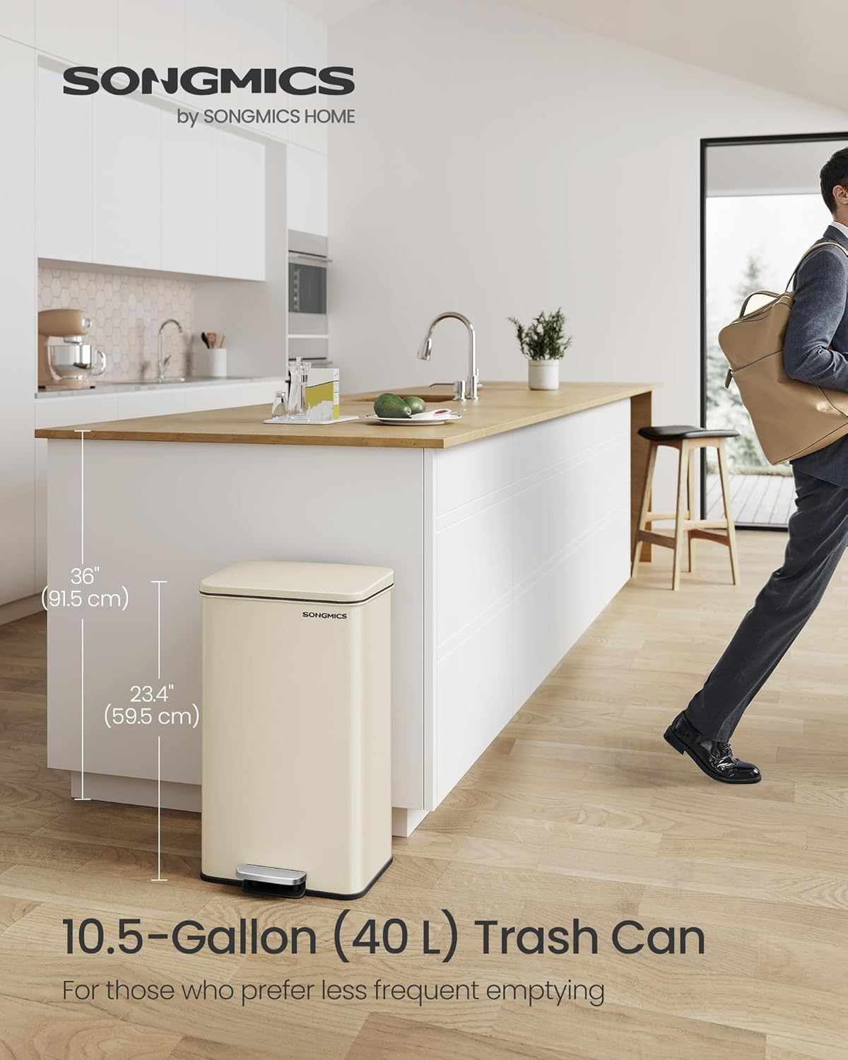 SONGMICS Kitchen Trash Can, 10.5 Gallon (40 L) Garbage Can, Large Step Trash Bin with Lid, Stainless Steel, Soft Close, 15 Trash Bags Included, Sand Beige ULTB540A01