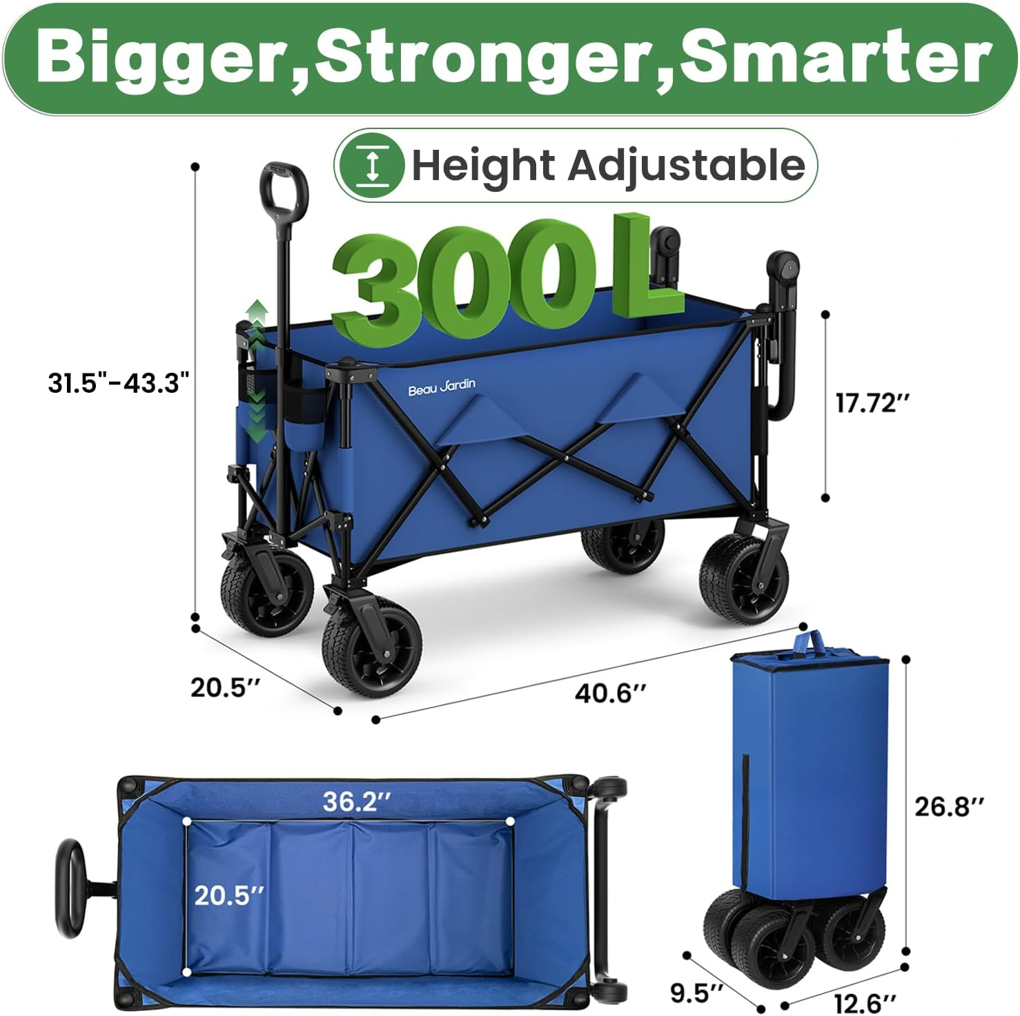 BEAU JARDIN Collapsible Folding Wagon 300 Pound Capacity Heavy Duty Foldable Beach Wagon Cart Grocery Utility Wagon for Garden Sports Shopping Outdoor All Terrain Wheel Portable Black