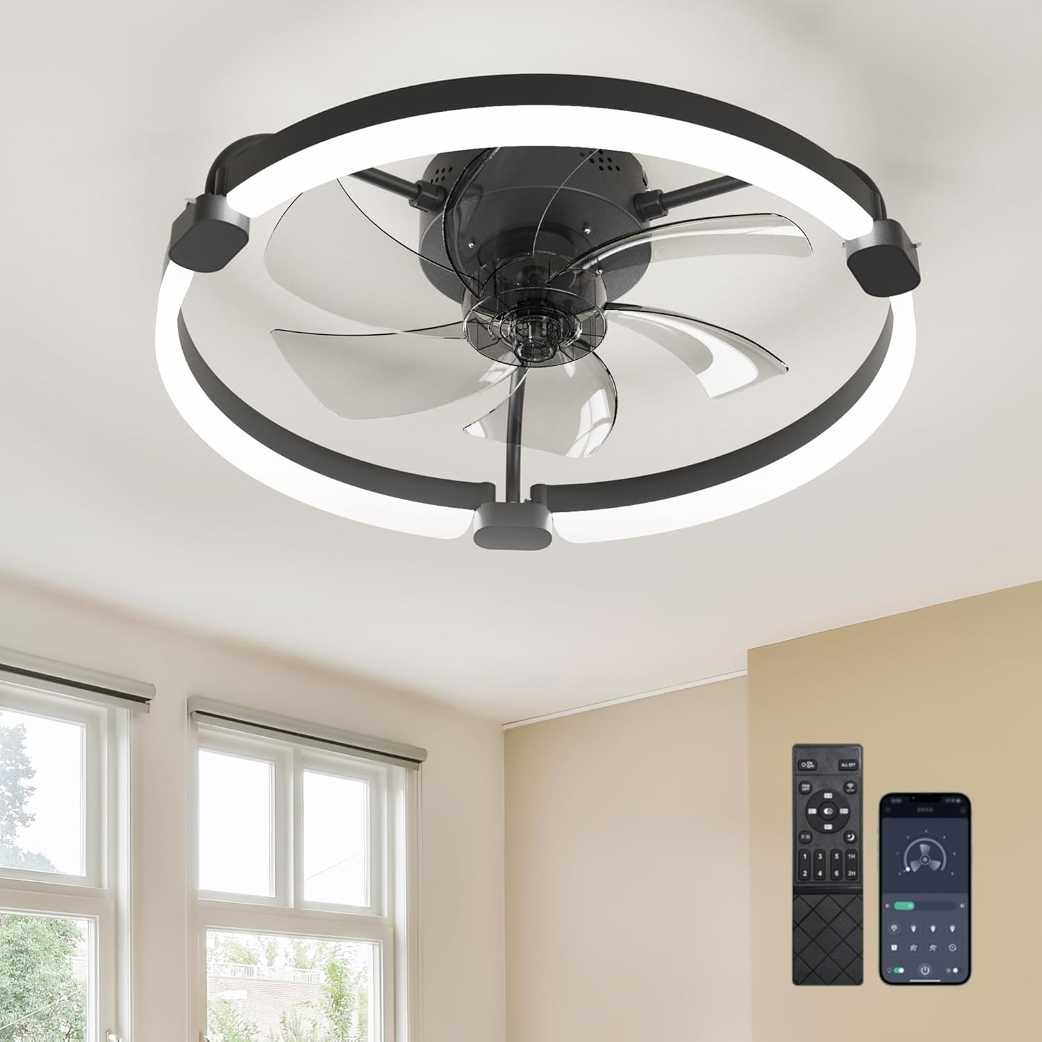 Ensenior 20'' Low Profile Ceiling Fans with Lights and Remote, Fandelier Ceiling Fan Flush Mount, APP Control, 6 Speed & 3000K-6500K Stepless Dimmable Small Ceiling Fan with Light for Bedroom - Black