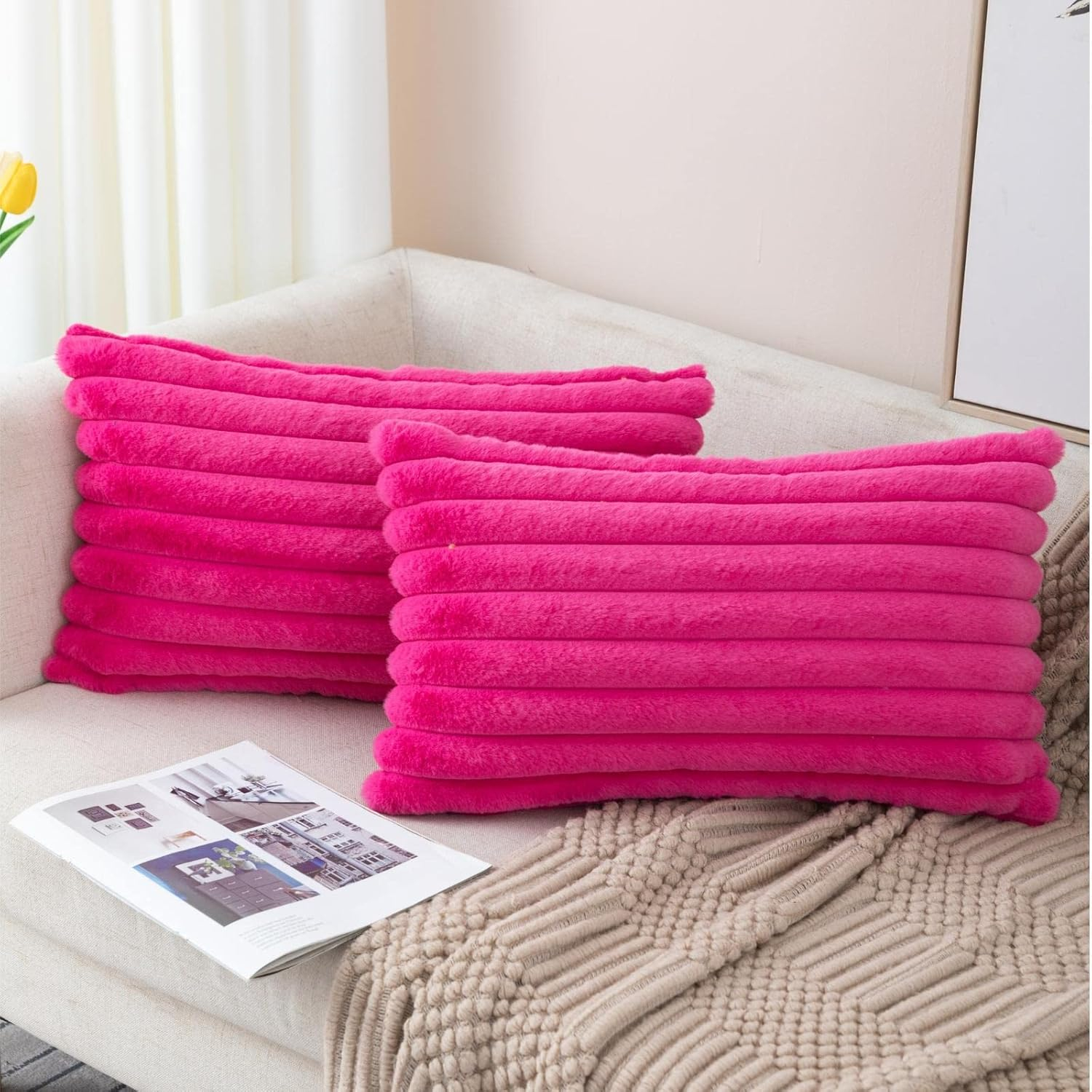ZLINA Set of 2 Hot Pink Faux Fur Decorative Throw Pillow Covers Fluffy Striped Pillowcase Cushion Covers 12 x 20 Inch Decor Sofa Couch Bedroom