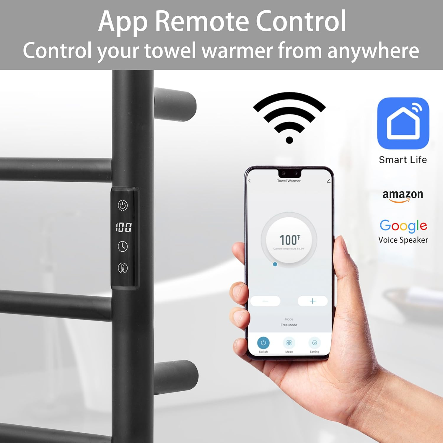 KEG Smart WiFi Towel Warmer Wall Mounted with Built-in Timer and Temperature Adjust Control, 8 Bars Electric Stainless Steel Heated Towel Racks for Bathroom Black