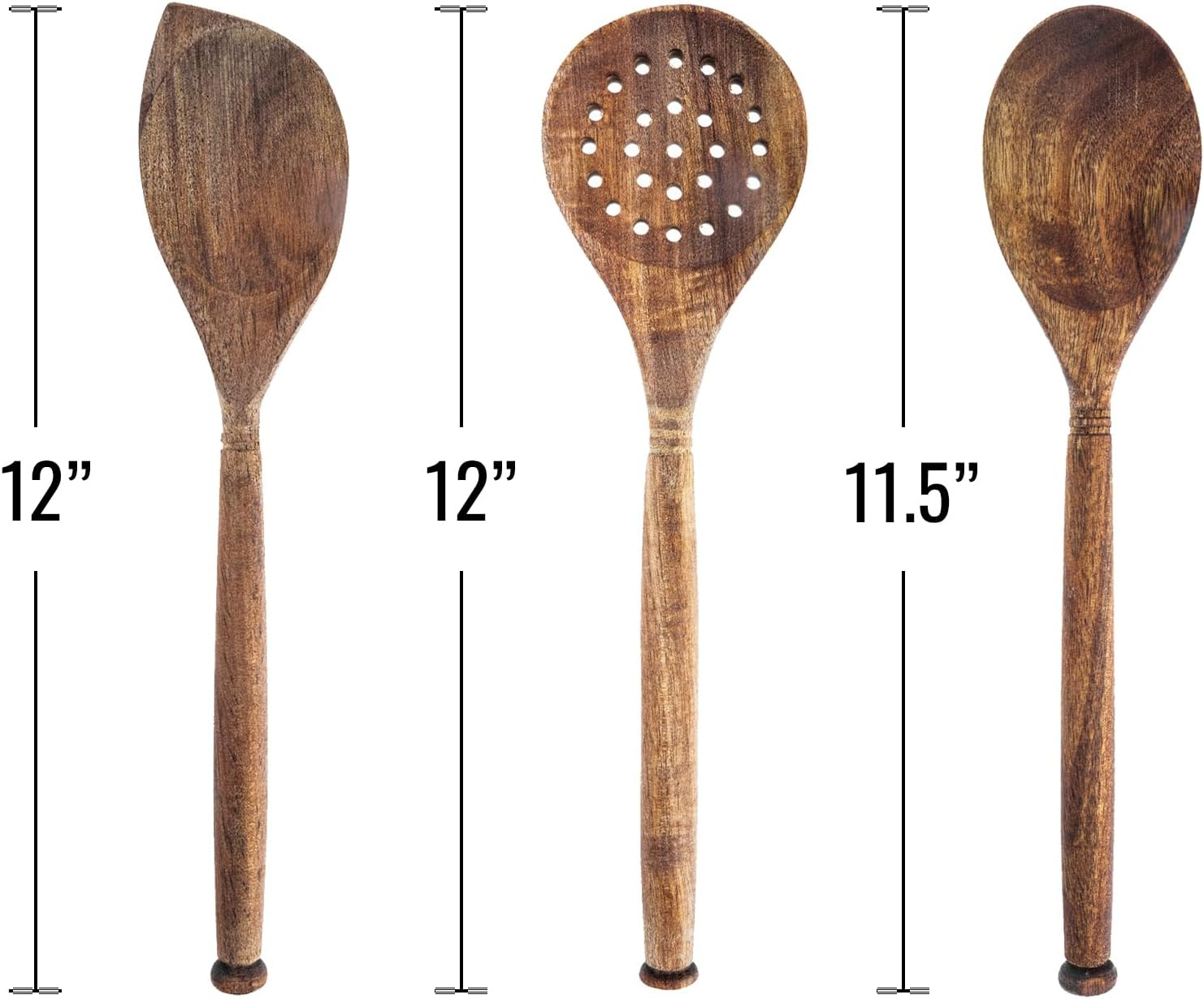 Labrea Life and Home 3pc Solid Acacia Wood Cooking Spoons and Skimmer Kitchen Utensils Set 12 Inch