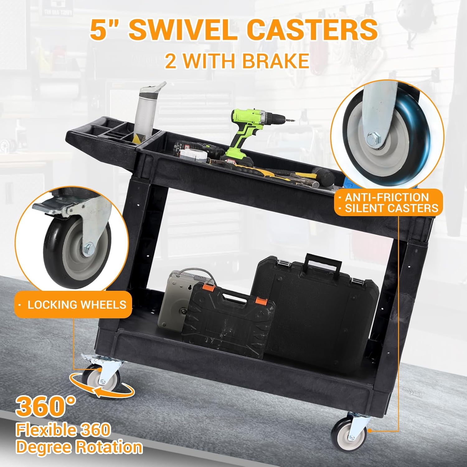 Black Heavy Duty Polypropylene 2-Shelf Rolling Utility Cart with Ergonomic Handle