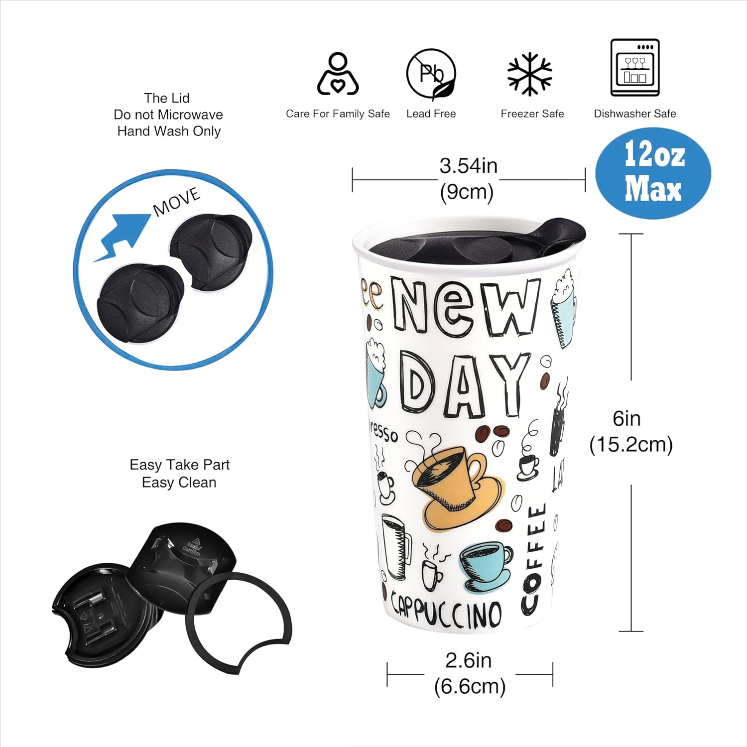 New Day Ceramic Travel Tumbler with Lid, 12 oz, White and Black