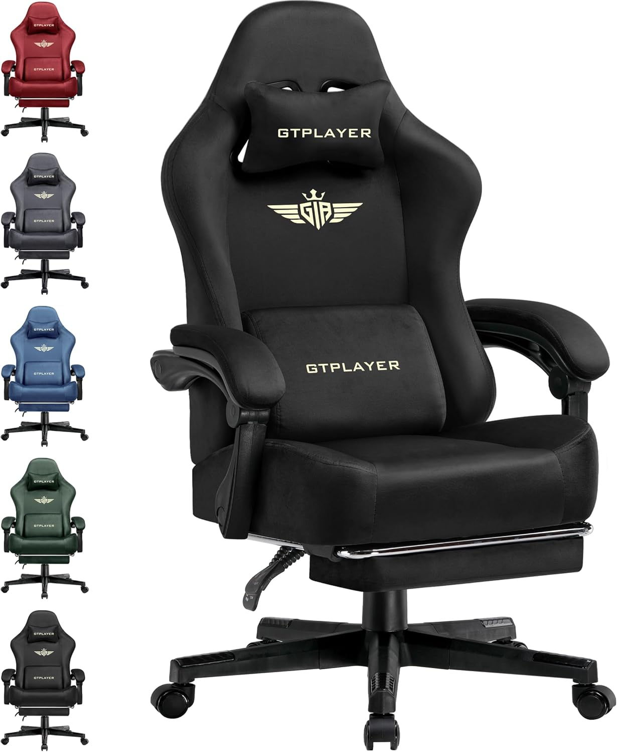 GTPLAYER Gaming Chair Fabric with Pocket Spring Cushion, Big and Tall Gaming Chair 350LBS High Back Computer Chair with Footrest for Adults Lumbar Support Swivel Game Chair for Office Gaming Black