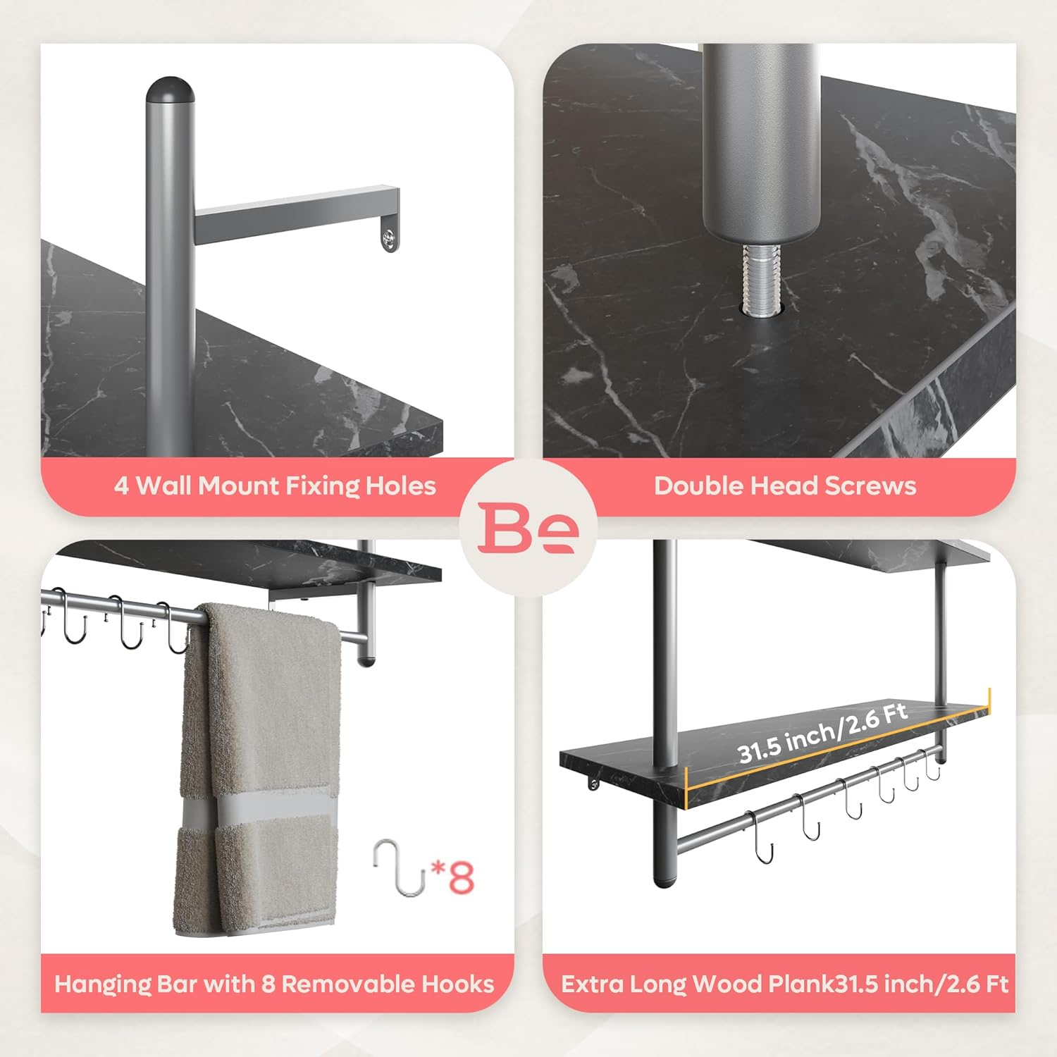 Bestier Industrial Pipe Shelf Bathroom Shelves with Towel Bar, 31 inch Floating Shelves 2 Tier for Wall Storage, Kitchen Wood Wall Mounted Shelf Display Rack for Living Room Bedroom, Black Marble