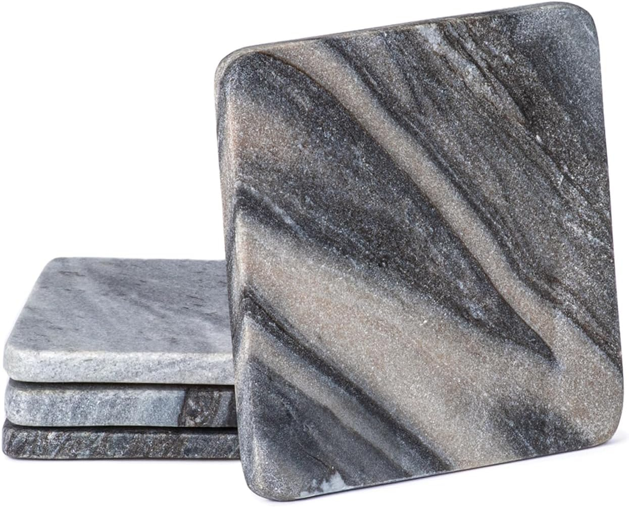 Thirstystone 4 Pack Natural Marble Square Coasters with Protective Cork Backing, Elegant, Luxourious, Easily Wipes Clean