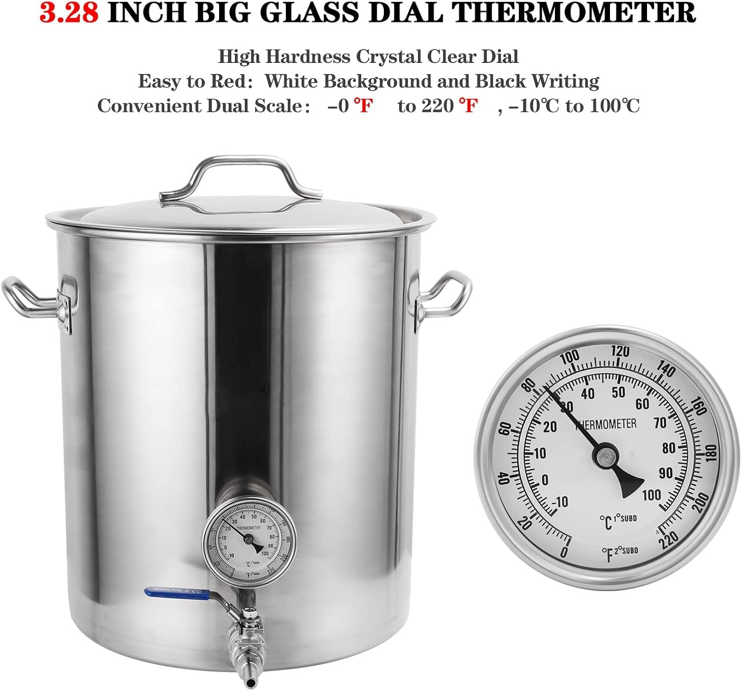 3" Dial 2" Probe FERRODAY 1/2 NPT Stainless Steel Thermometer Dial Thermometer 1/2 NPT Homebrew Kettle Thermometer Weldless w/O-Rings 0-220ºF Kettle Thermometer Stainless Steel Brew Pot Thermometer