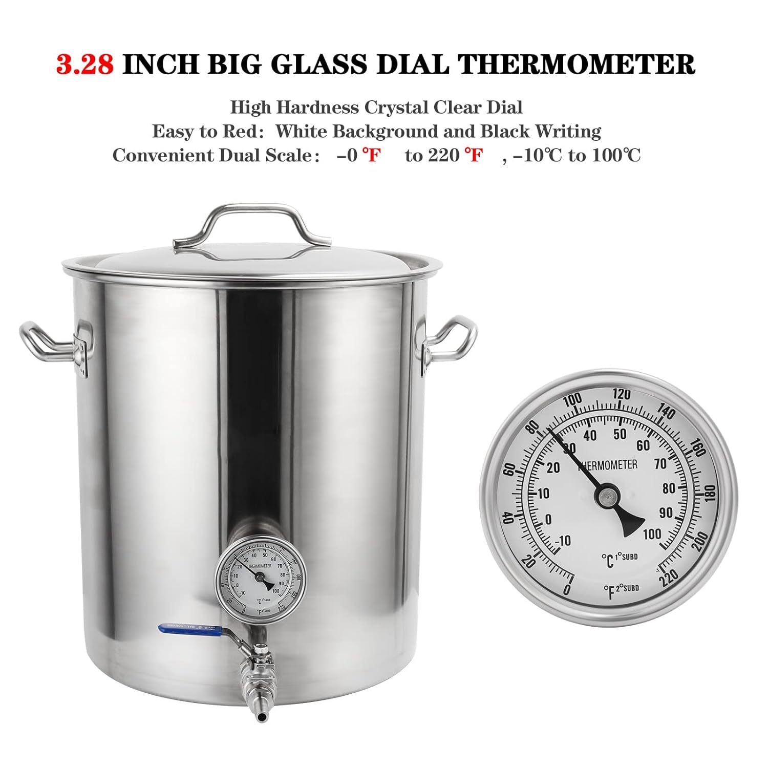 3" Dial 2" Probe FERRODAY 1/2 NPT Stainless Steel Thermometer Dial Thermometer 1/2 NPT Homebrew Kettle Thermometer Weldless w/O-Rings 0-220ºF Kettle Thermometer Stainless Steel Brew Pot Thermometer