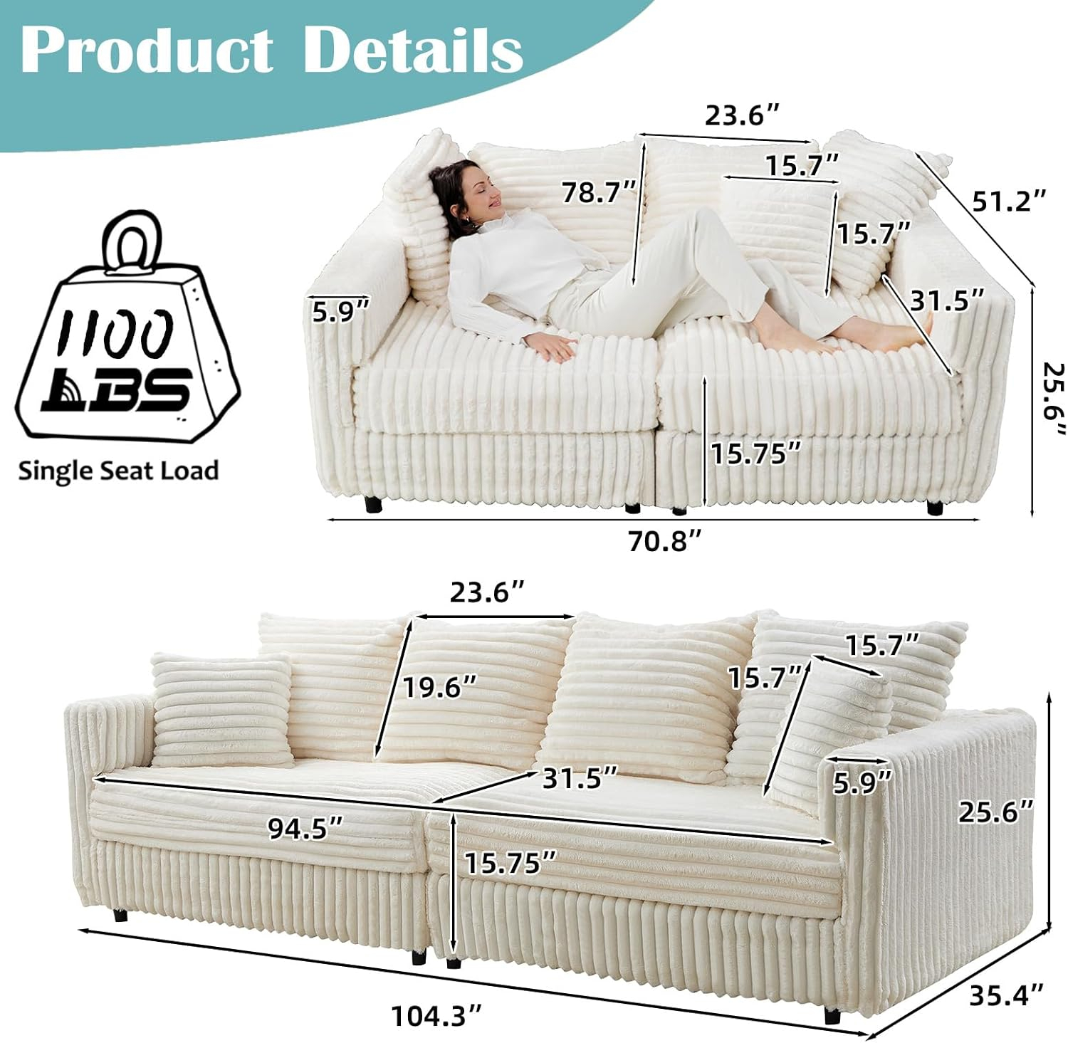 104.3'' Cloud Sectional Couch,Oversized Living Room Convertible Sofa, Plush Corduroy Sofa W/6 Soft Pillows,4-Seat Memory Foam Couches,Plush Couch for Living Room, Apartment (Beige)