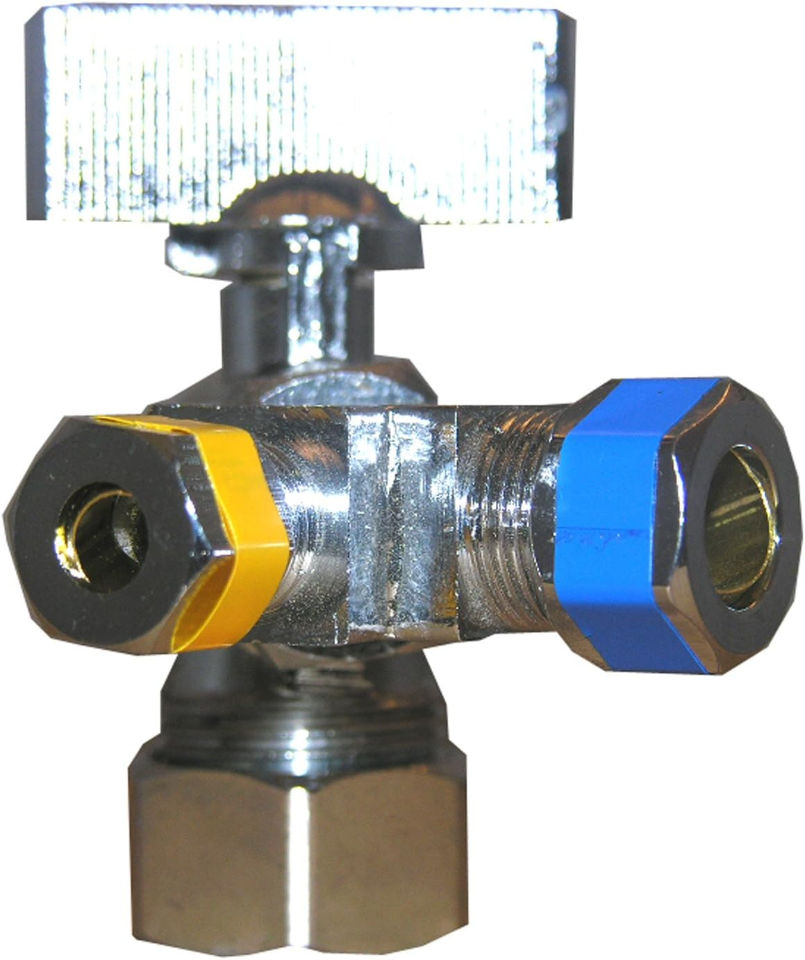 LASCO 06-9319 Quarter Turn 3-Way Valve, 1/2-Inch Iron Pipe Inlet X 3/8-Inch Compression Outlet X 1/4-Inch Compression Outlet, Chrome