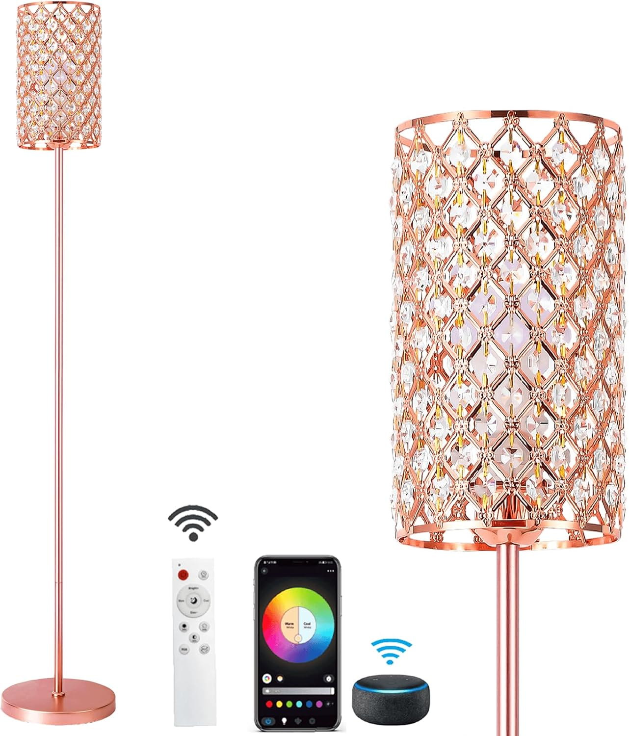 Crystal Floor Lamp with Remote Control, Smart Rose Gold Floor Lamps for Living Room with Bulb Included, Crystal Standing Lamp Rose Gold Home Décor Floor Lamp for Bedroom