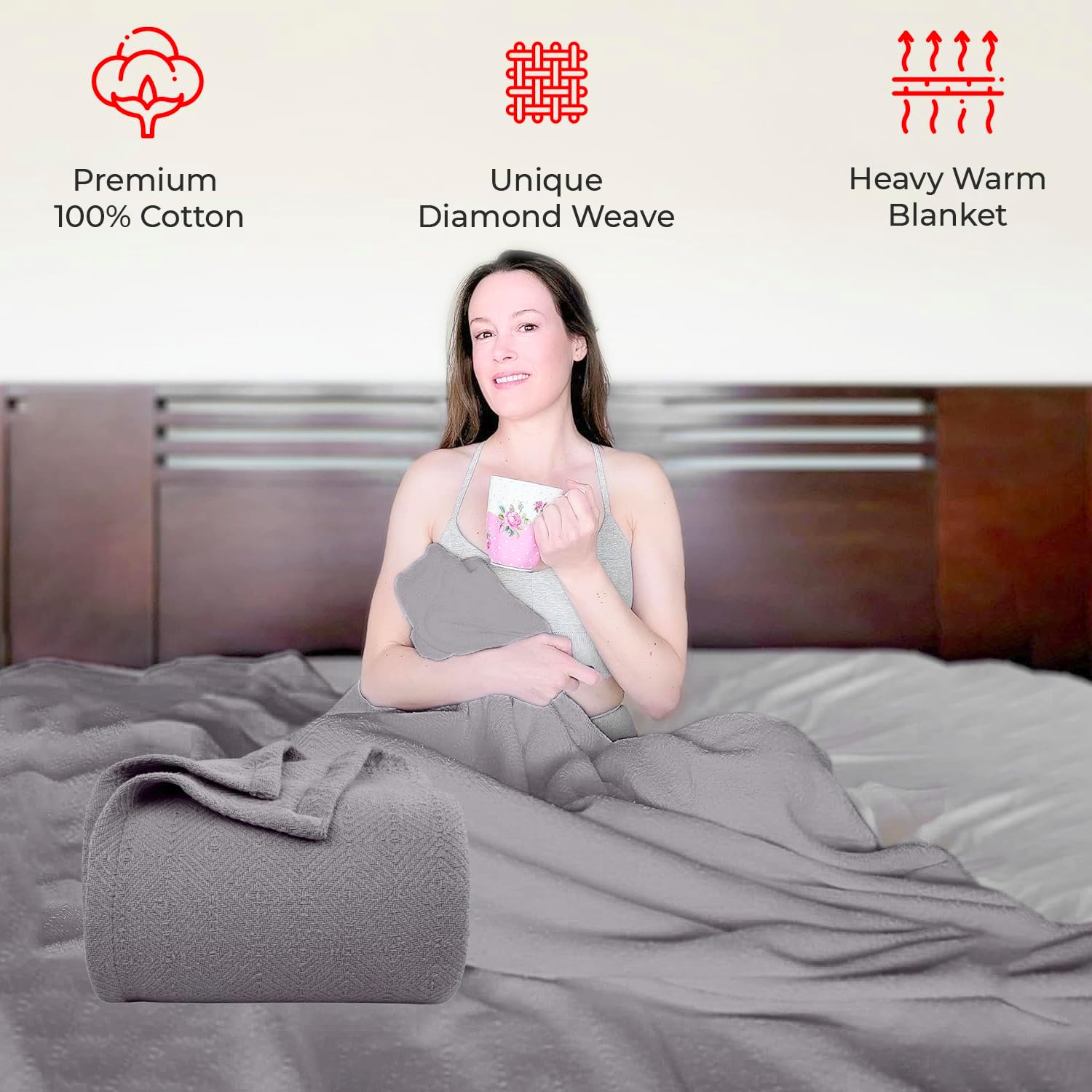 Eurotex Premium Cotton Blankets for Twin Size Bed | All-Season 100% Cotton Twin Blanket for Bed | Diamond Lightweight, Soft & Cozy Fall Thermal Blanket, 350GSM, 66x90 inches | Flint Grey