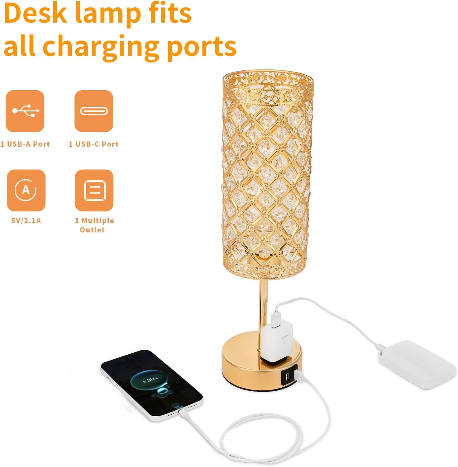 USB Crystal Table Lamp, Gold Table Lamp USB A+C Charging Ports&Multiple Outlet,3 Way Dimmable Bedside Lamp Decorative Modern Nightstand Lamp with Bulb for Living Room Bedroom Sofa Table