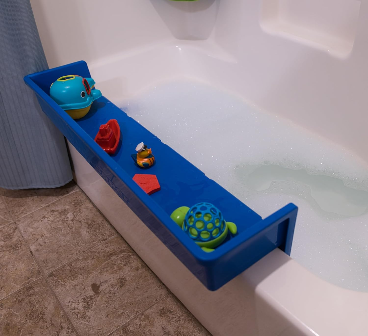 Tub Topper® Bathtub Splash Guard & Bath Shelf for Kids – Toddler Bath Tray, Bath Toys Storage & Ledge Organizer – Splash Guard for Bathtub with Suction Cups – Kids Bathroom Accessories (Blue)