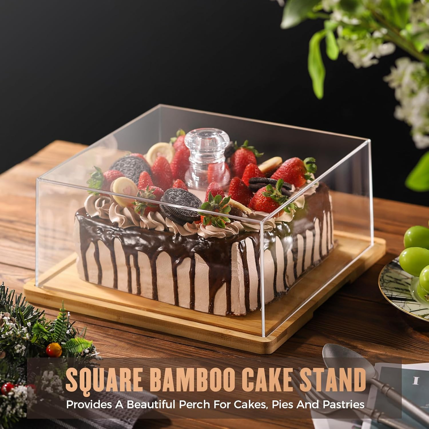 Square Cake Stand with Lid，11in Bamboo Cake Stand with Dome，Dessert Display Stand with Acrylic Cover for Cheese，Pie，Chips & Dips，Serving Platter with Cover for Kitchen/Party/Wedding/Birthday