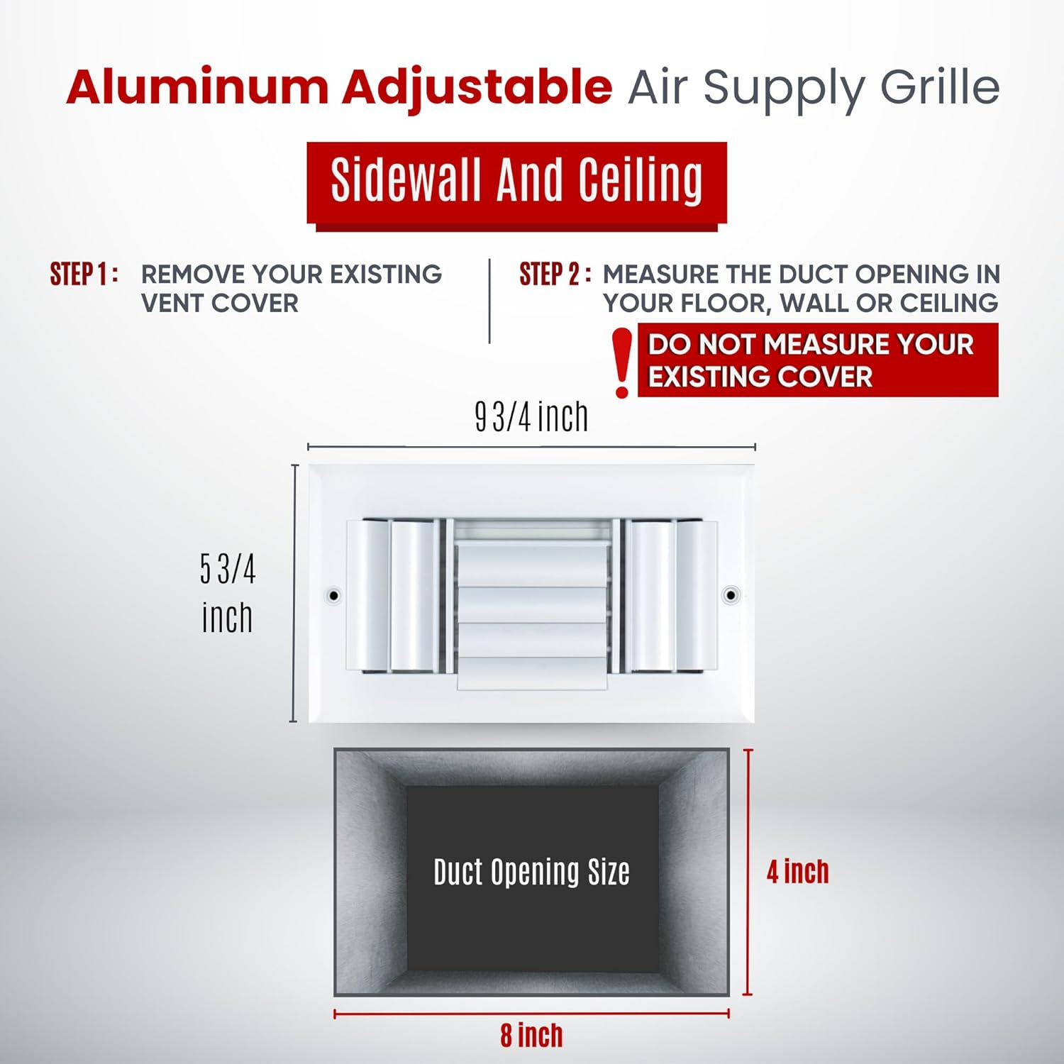 Fits 8x4 Duct Opening Aluminum 3-WAY Adjustable Air Supply Grille by Handua | Curved Blade Register Vent Cover for Sidewall & Ceiling | White | Outer Size: 9.75" X 5.75"