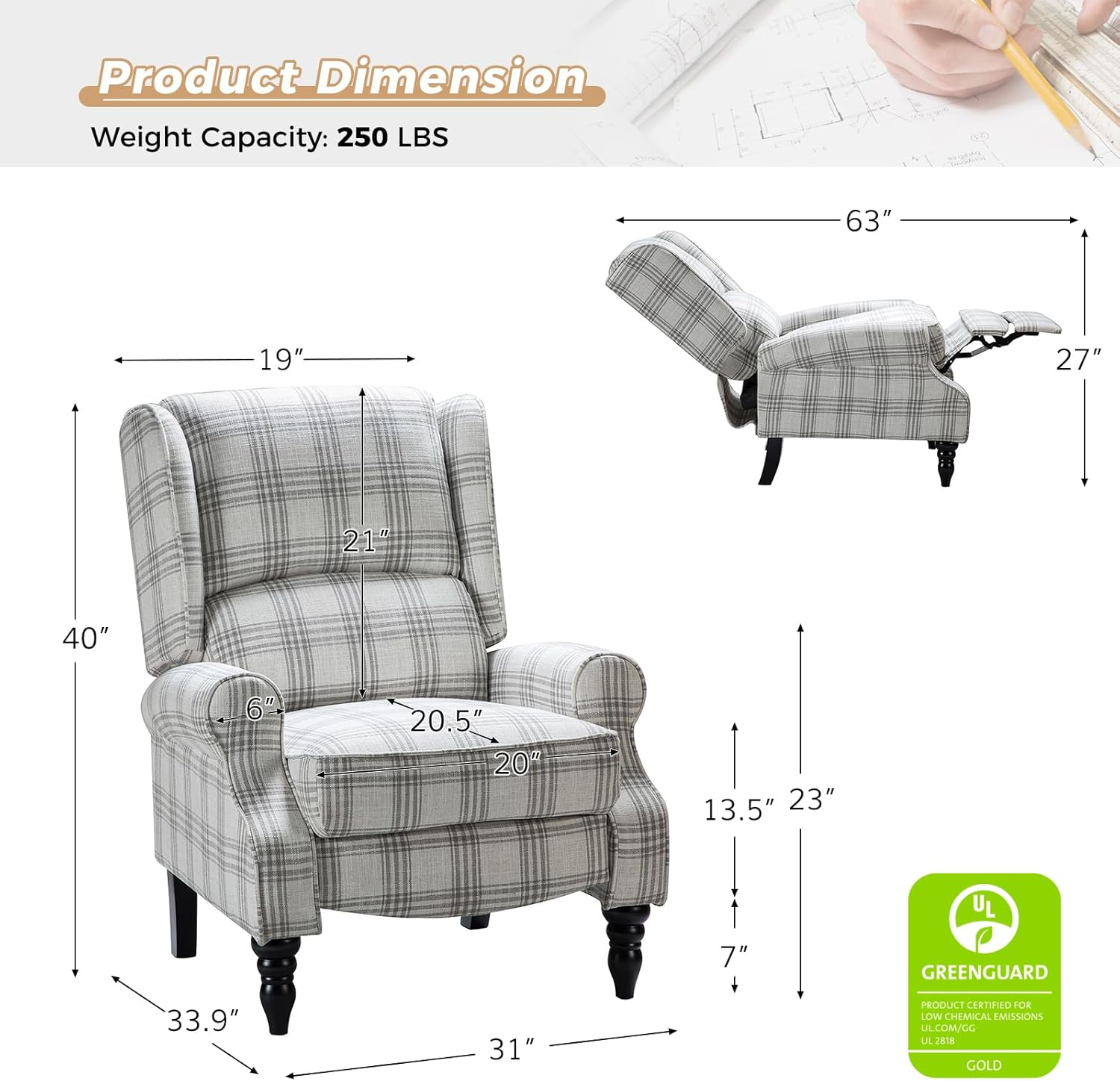 Grey Plaid Upholstered Wingback Recliner with Black Rubber Wood Legs