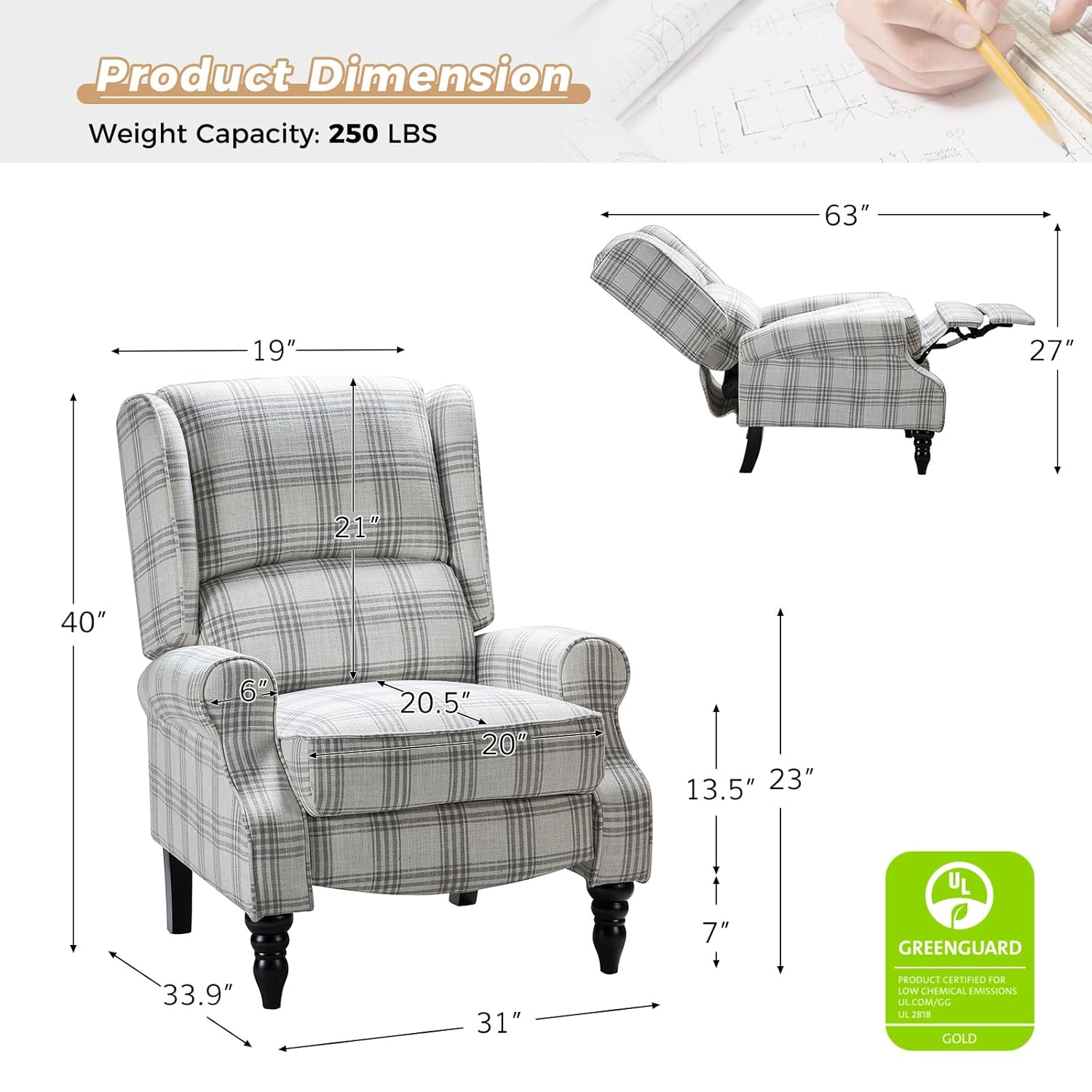 Grey Plaid Upholstered Wingback Recliner with Black Rubber Wood Legs
