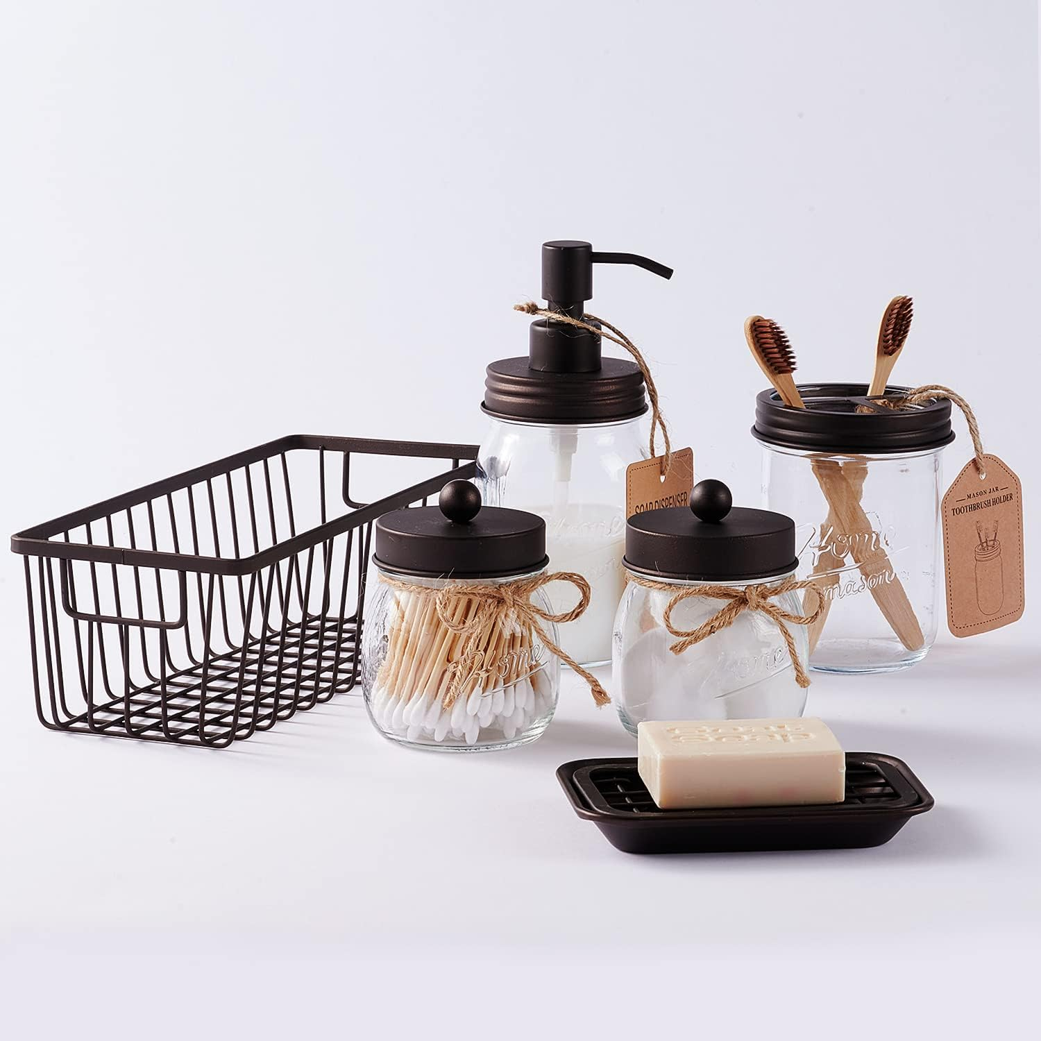 Premium Mason Jar Bathroom Accessories Set (6PCS) - Lotion Soap Dispenser,Toothbrush Holder,2 Apothecary Jars(Qtip Holder), Soap Dish,Storage Organizer Basket - Rustic Farmhouse Decor (Bronze)