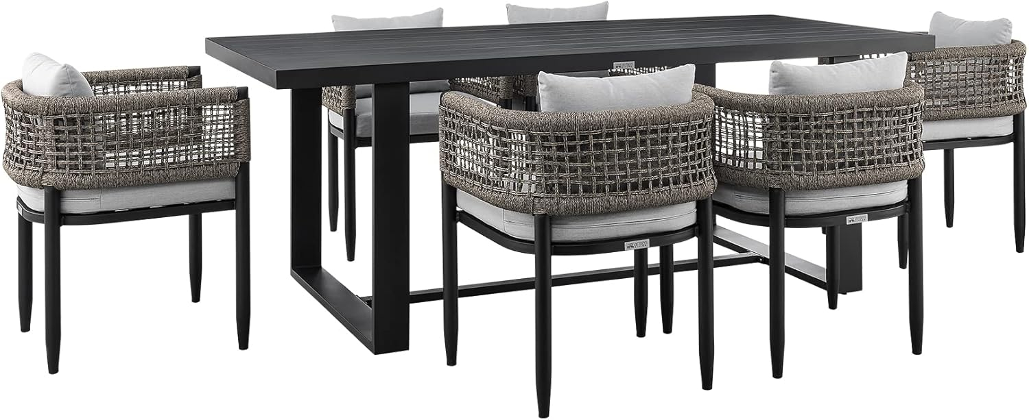 Felicia Outdoor Patio 7-Piece Dining Table Set in Aluminum with Grey Rope and Cushions