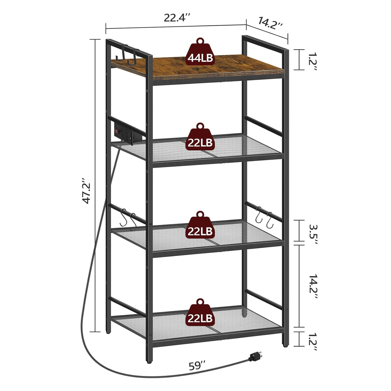 Bakers Rack with Power Outlet, Microwave Stand with Hooks, Multifunctional Storage Rack, Coffee Bar with Enclosure, Kitchen Storage Shelf, for Kitchen, Dining Room, Rustic Brown BRHR40E01N1