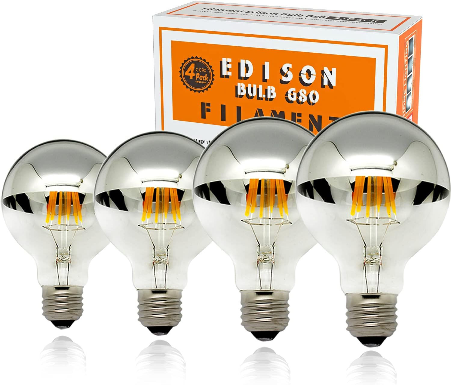 Half Chrome Light Bulb,LED Edison Bulbs 6W(60W Equ),Dimmable G80/G25 Globe Shape,Decorative Half Silver Reflected Bulb,2700K Soft White E26 for Wall Sconce,Vanity,Pack of 4