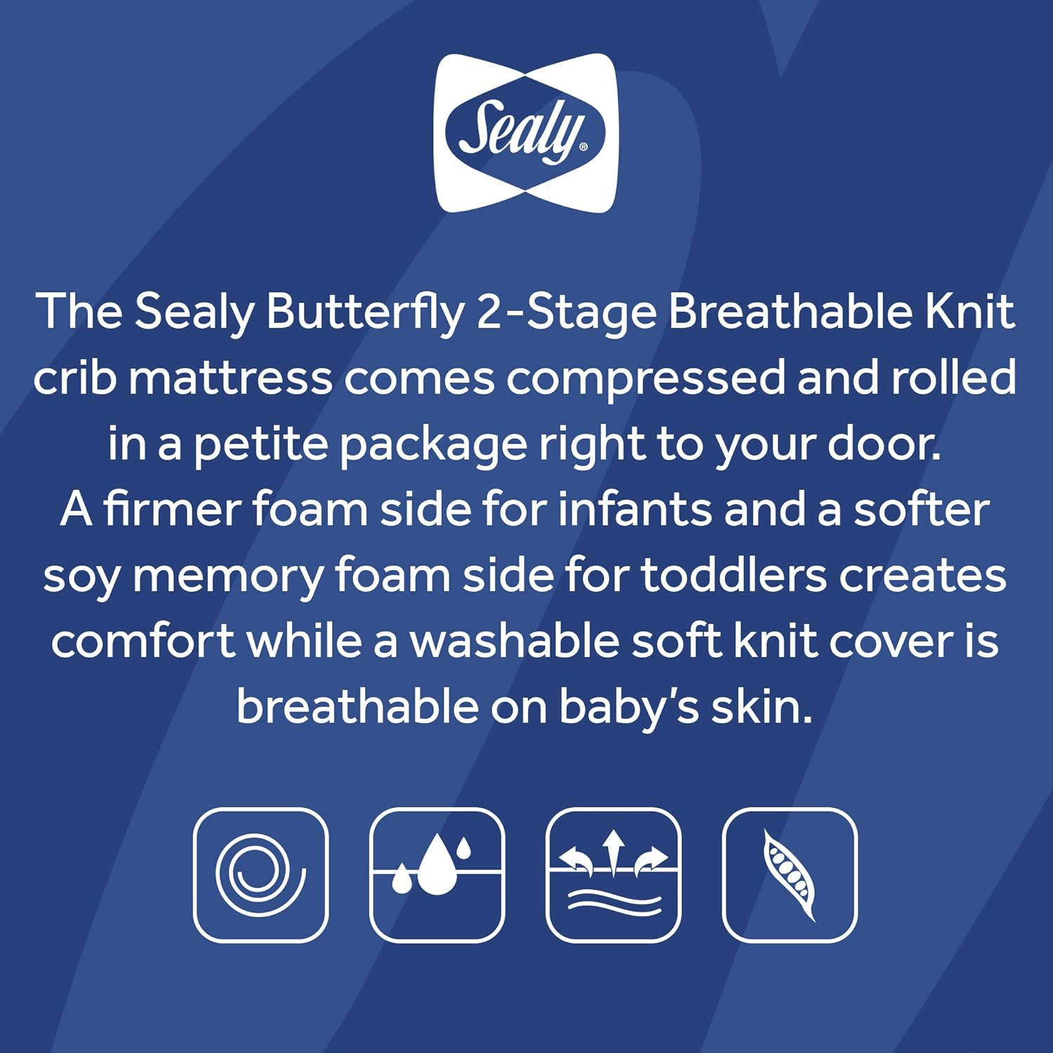 Sealy Baby Butterfly Breathable Knit 2 Stage Waterproof Crib Mattress plus Toddler Bed Fit, Washable Easy Clean Zip Off Cover, GREENGUARD Gold Certified, Safety & Quality Tested, Made in USA, 52"X28"