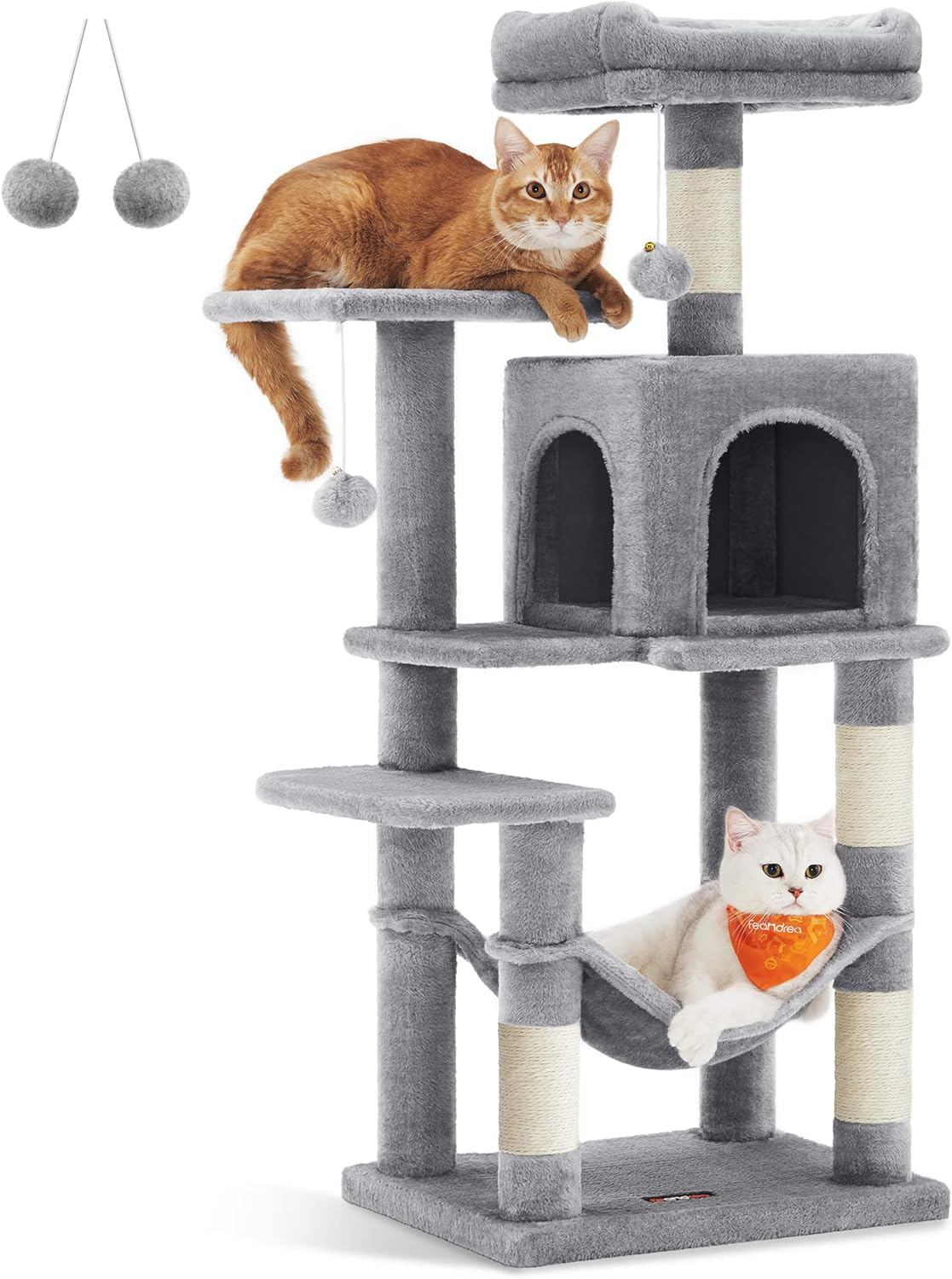 Cat Tree, 44.1" Cat Tower for Indoor Cats, Multi-Level Cat Condo with 4 Scratching Posts, 2 Perches, Hammock, Cave, Light Gray