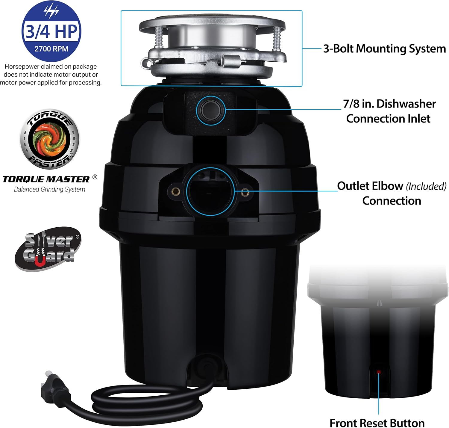 Eco Logic 3/4 HP Garbage Disposal with Brushed Nickel Sink Flange 10-US-EL-9-DS-3B-BN
