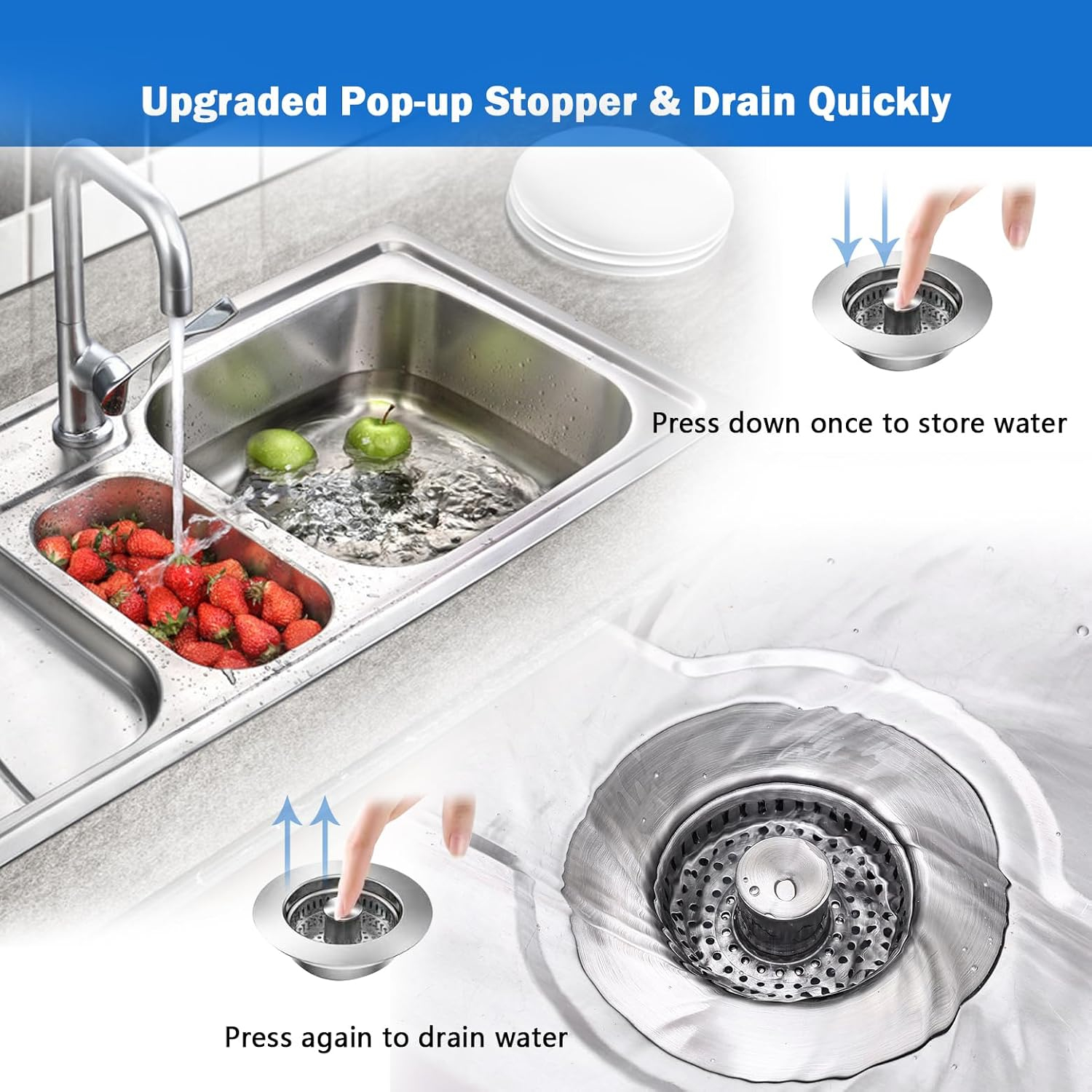 2PCS Upgraded 3 in 1 Kitchen Sink Drain Strainer,Anti-Clogging Sink Food Catcher Basket, Stainless Steel Pop-Up Kitchen Sink Stopper for US Standard 3-1/2 inch Kitchen Sink (Silver-2Pack)