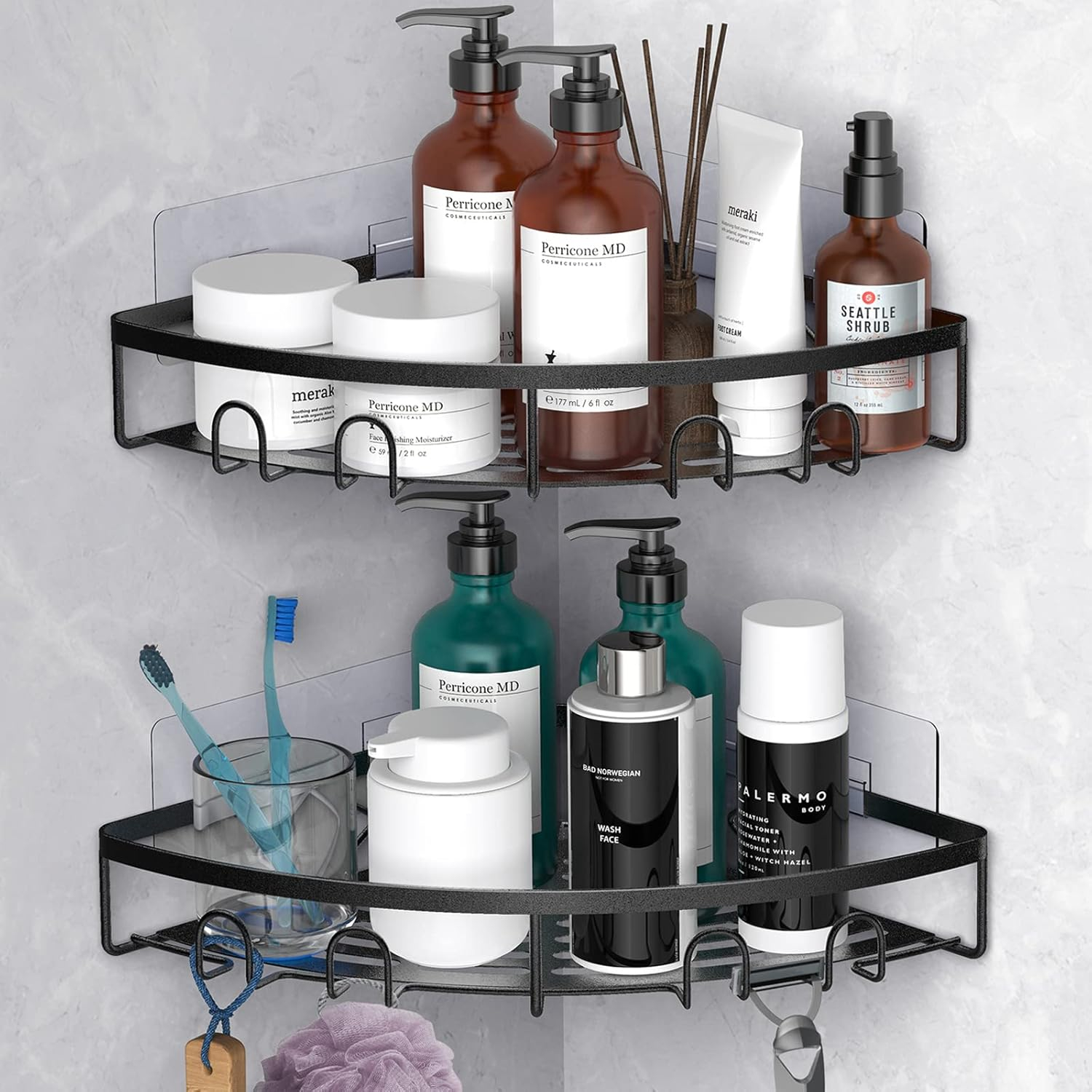 Corner Shower Caddy, 2 Pack Adhesive Bathroom Shower Corner Organizer Shelf, No Drilling Rustproof Wall Mounted Shower Storage Rack Shampoo Holder Organizer (Black)