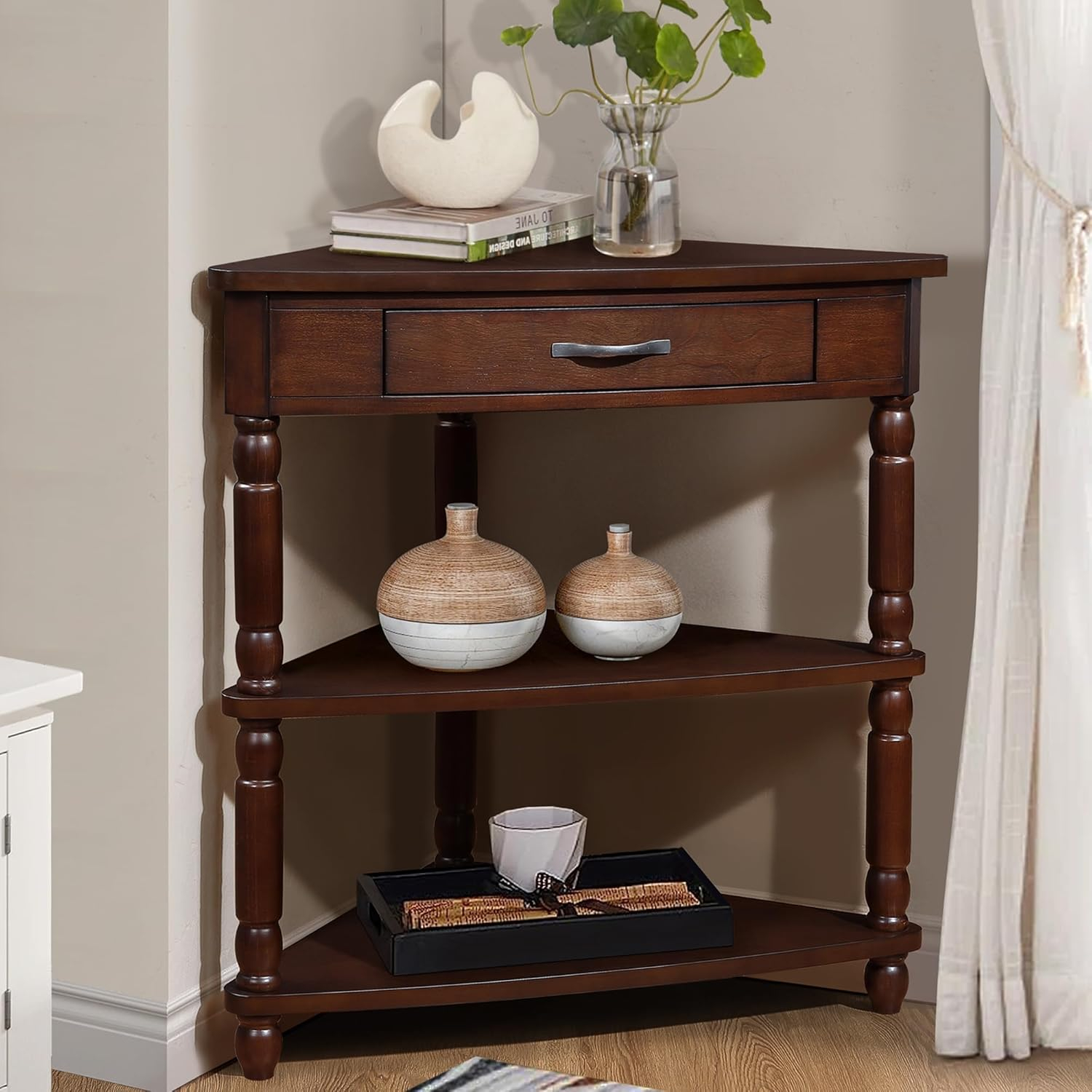 Light Espresso Triangular Wood Corner Table with Drawer and Shelves