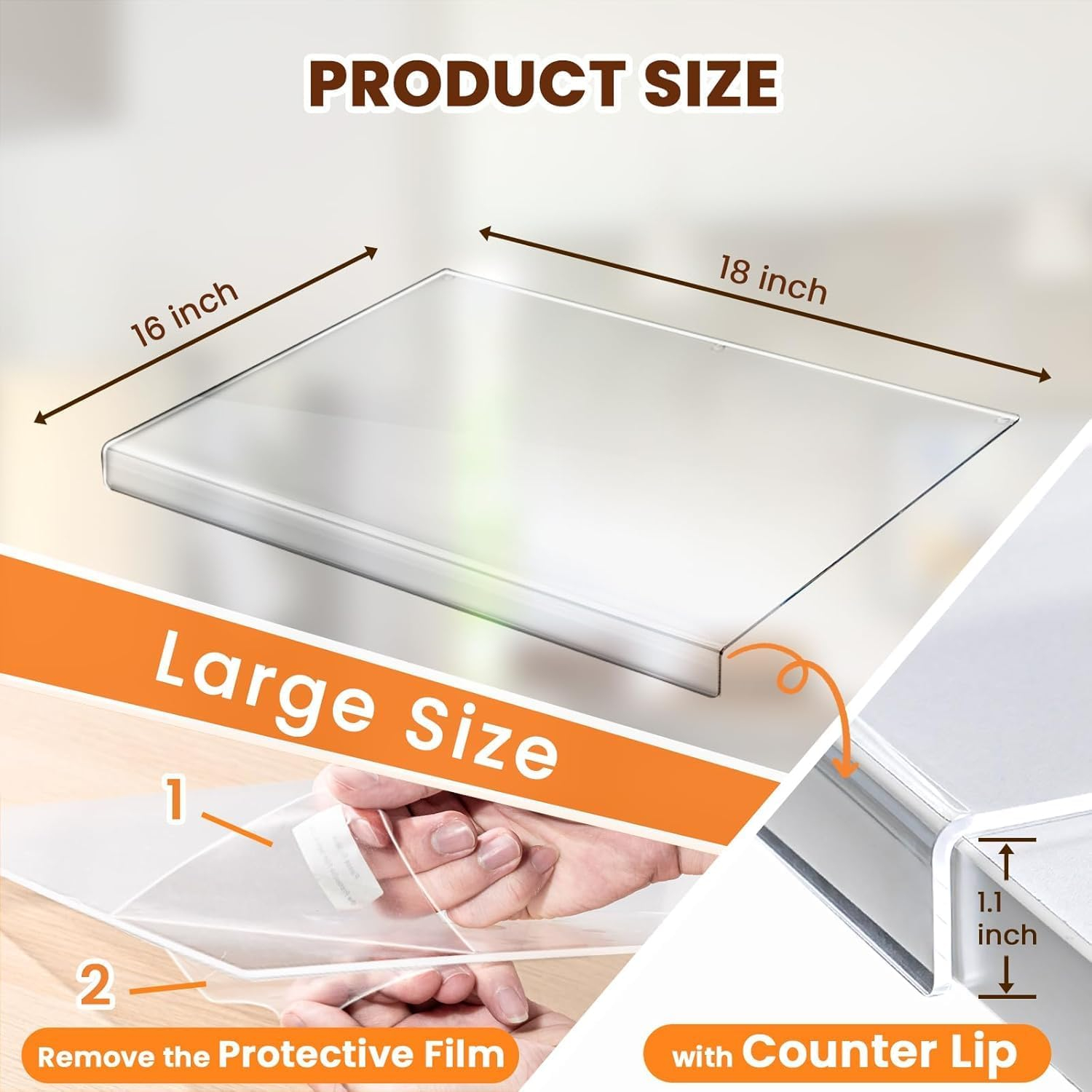 Clear Acrylic Rectangular Non-Slip Cutting Board with Counter Lip