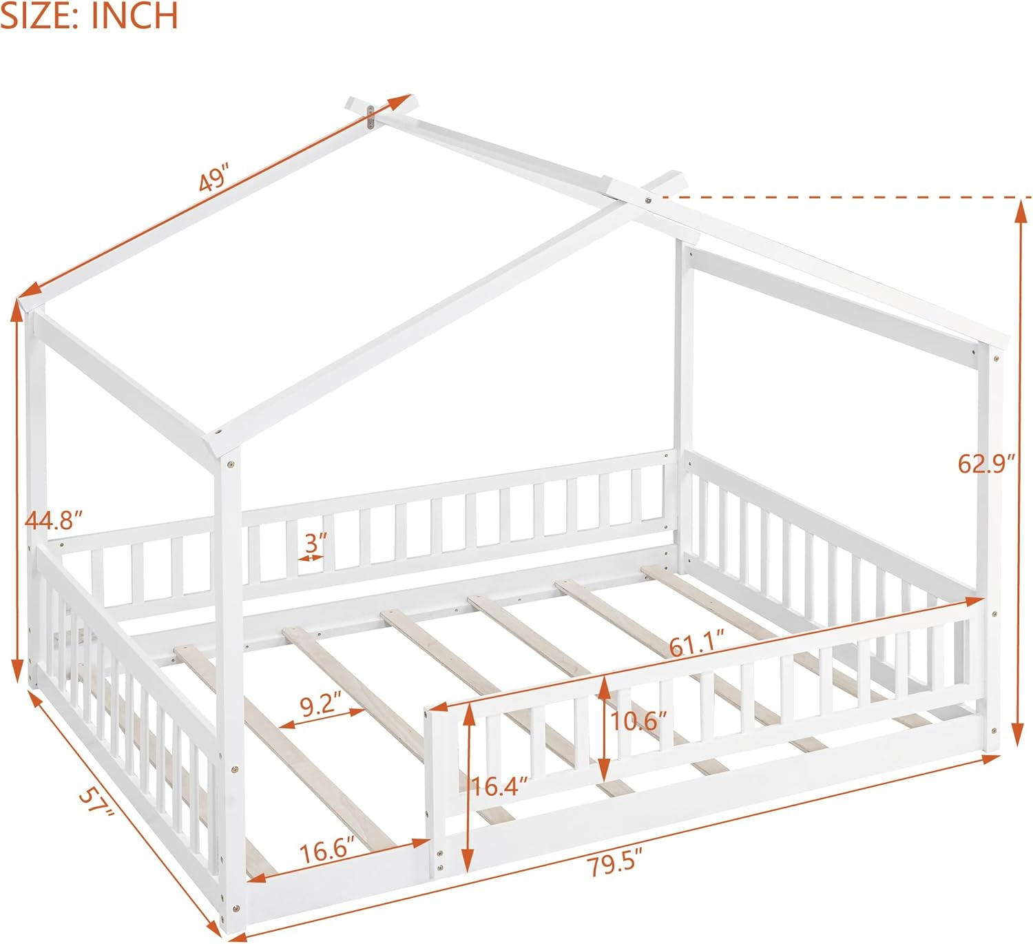 Harper & Bright Designs Full House Bed with Rails,Full Floor Bed for Kids,Full Size Montessori Bed Frame with Support Slats,Wooden Kids Full Playhouse Beds for Boys Girls(White)