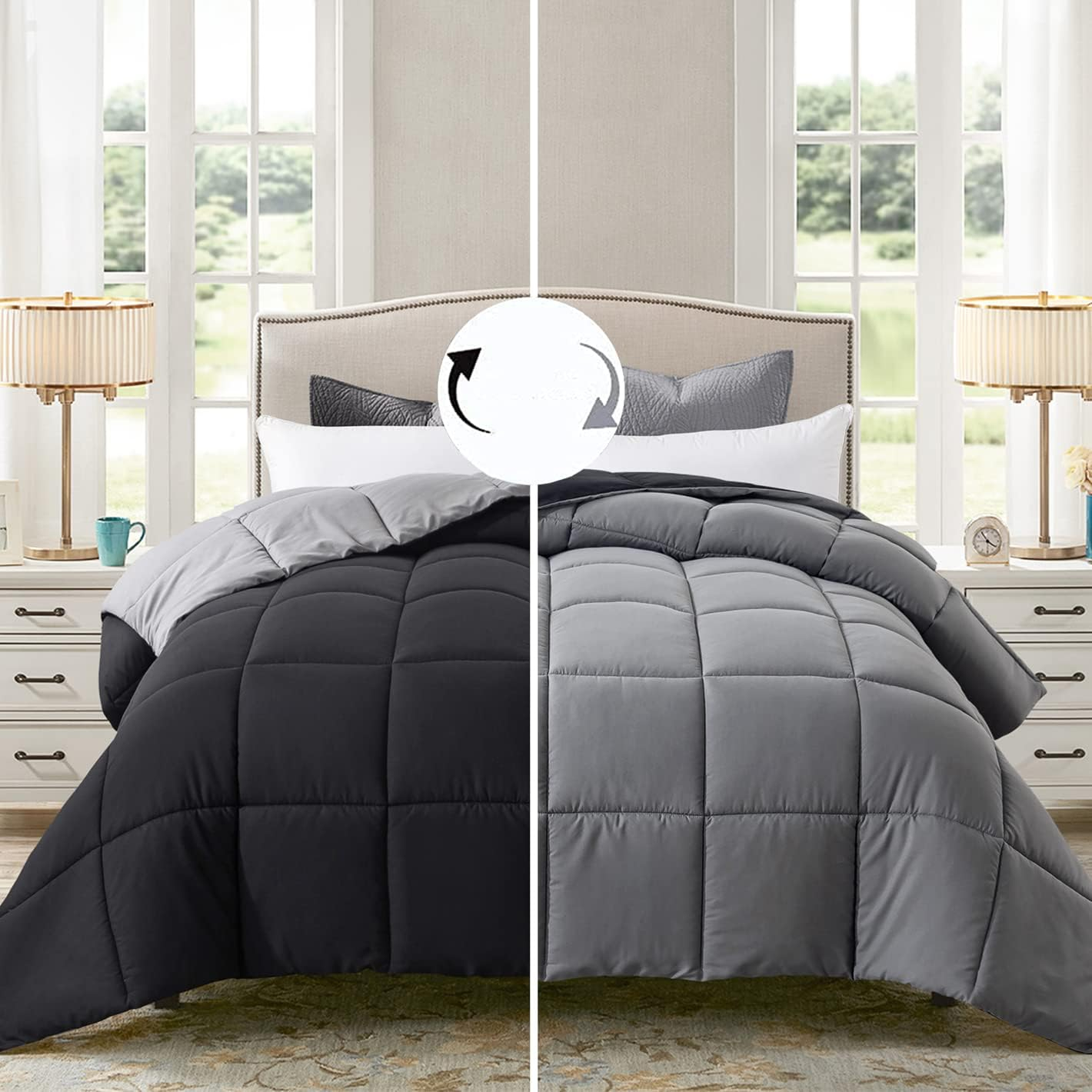 ELNIDO QUEEN® All-Season Reversible Down Alternative Quilted Comforter- Corner Duvet Tabs-Machine Washable-Duvet Insert or Stand – Alone Lightweight Comforter- Black/Gray -Twin Size(64×88 Inch)