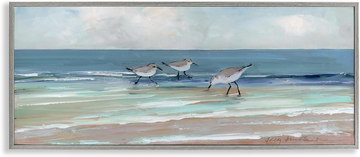 Stupell Industries Panoramic Sandpipers Birds Shoreline Ocean Landscape Painting Gray Framed Art Print Wall Art, 30x13, by Sally Swatland