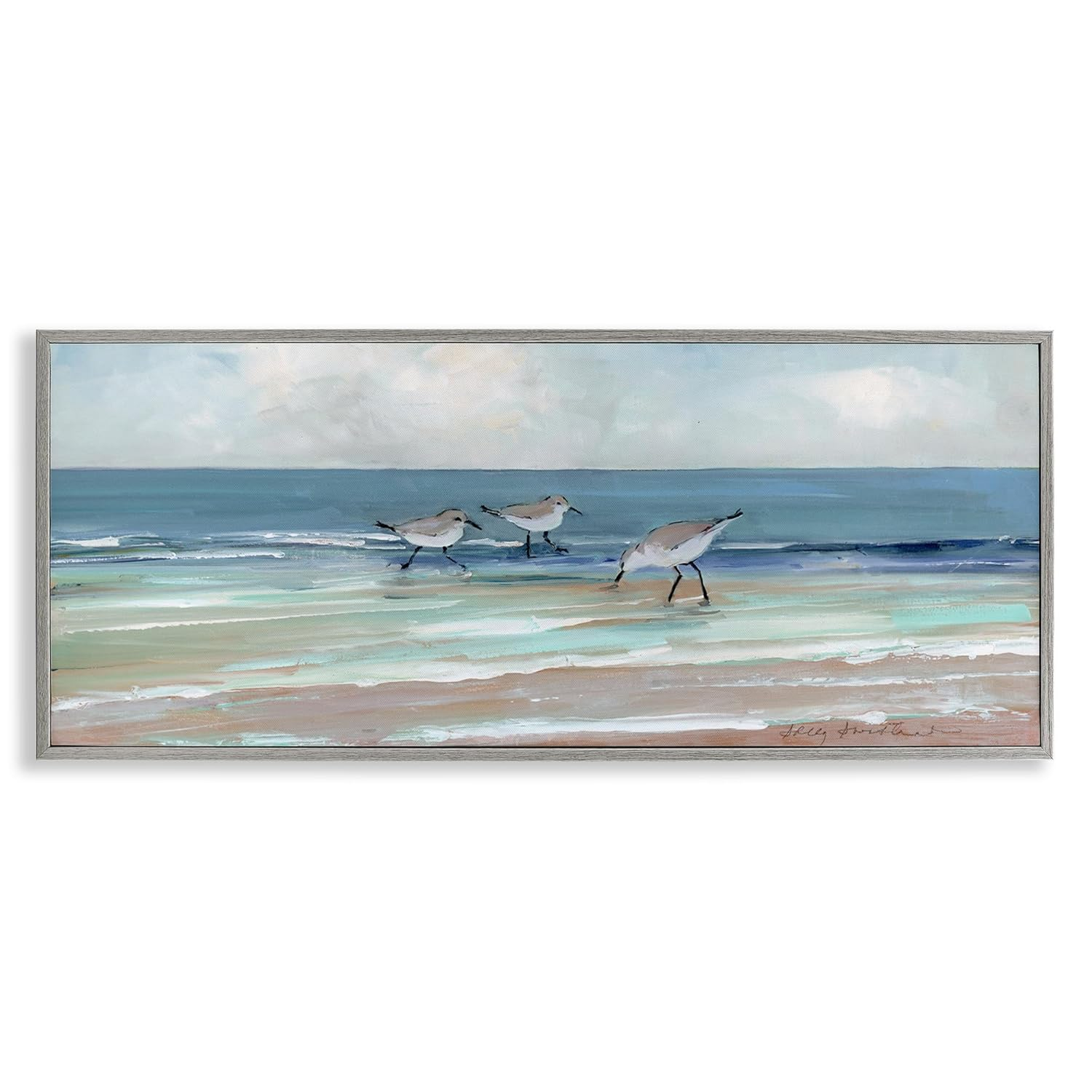 Stupell Industries Panoramic Sandpipers Birds Shoreline Ocean Landscape Painting Gray Framed Art Print Wall Art, 30x13, by Sally Swatland