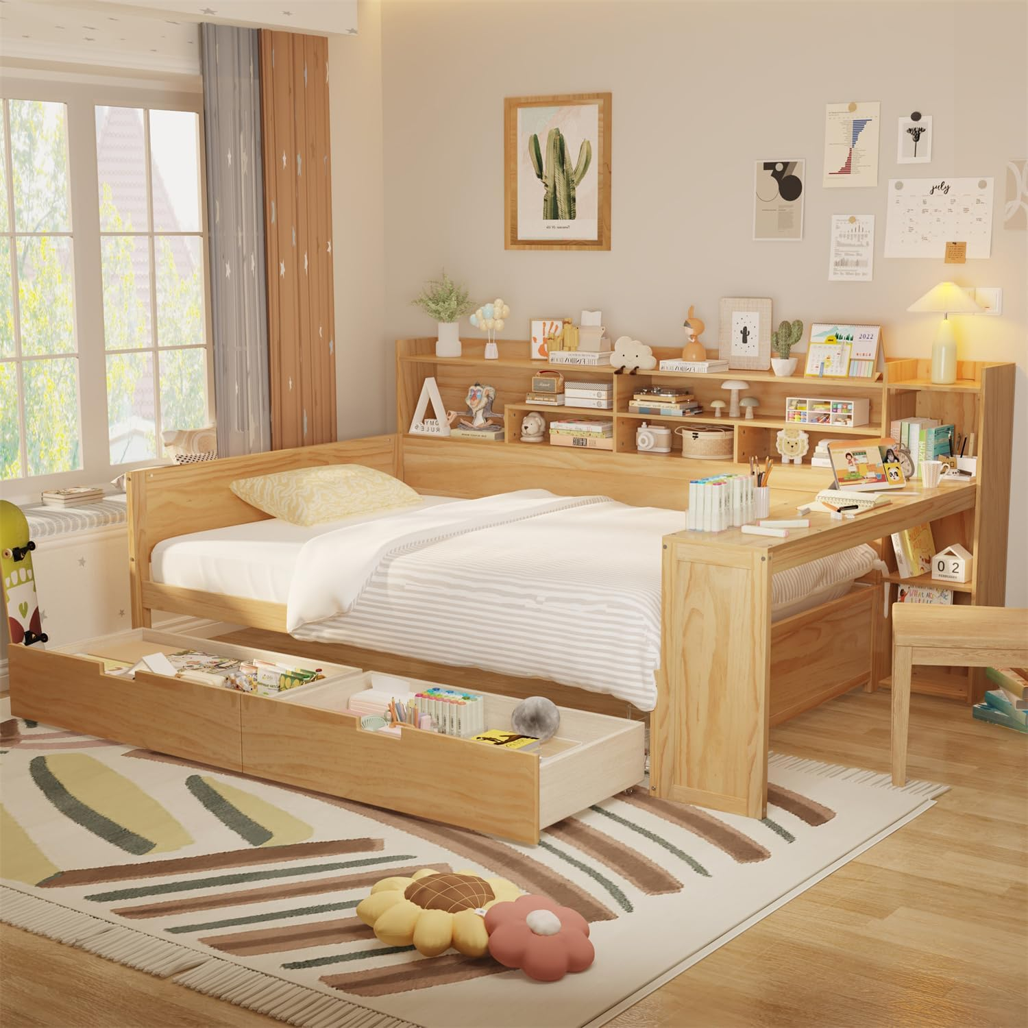 Wooden Daybed with Storage Shelves, Multi-functional Bed with Two Storage Drawers and Study Desk Natural - Full