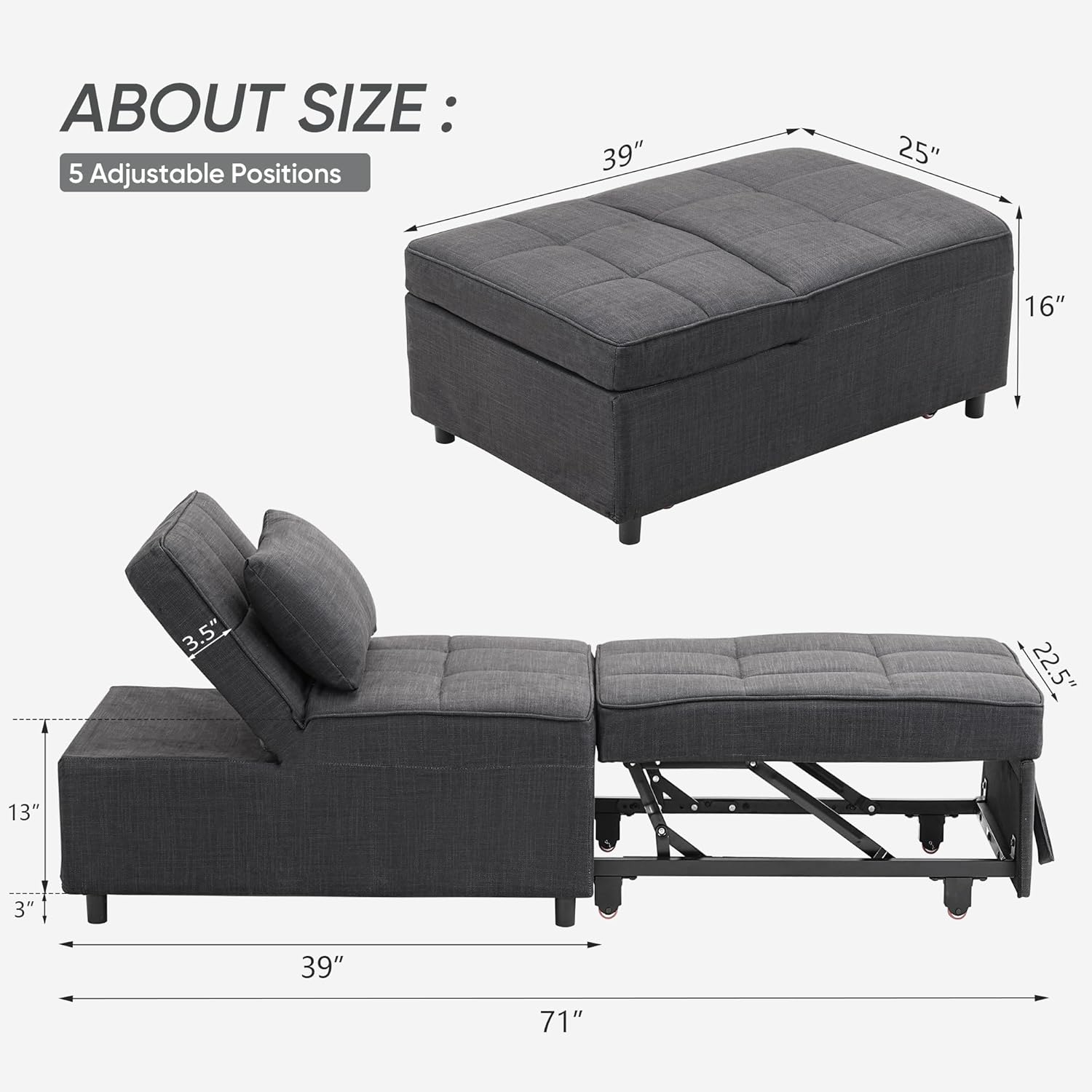 Ainfox 4-in-1 Convertible Sleeper Chair Bed Pull Out Sofa Bed Chaise Lounge for Home Office, Grey
