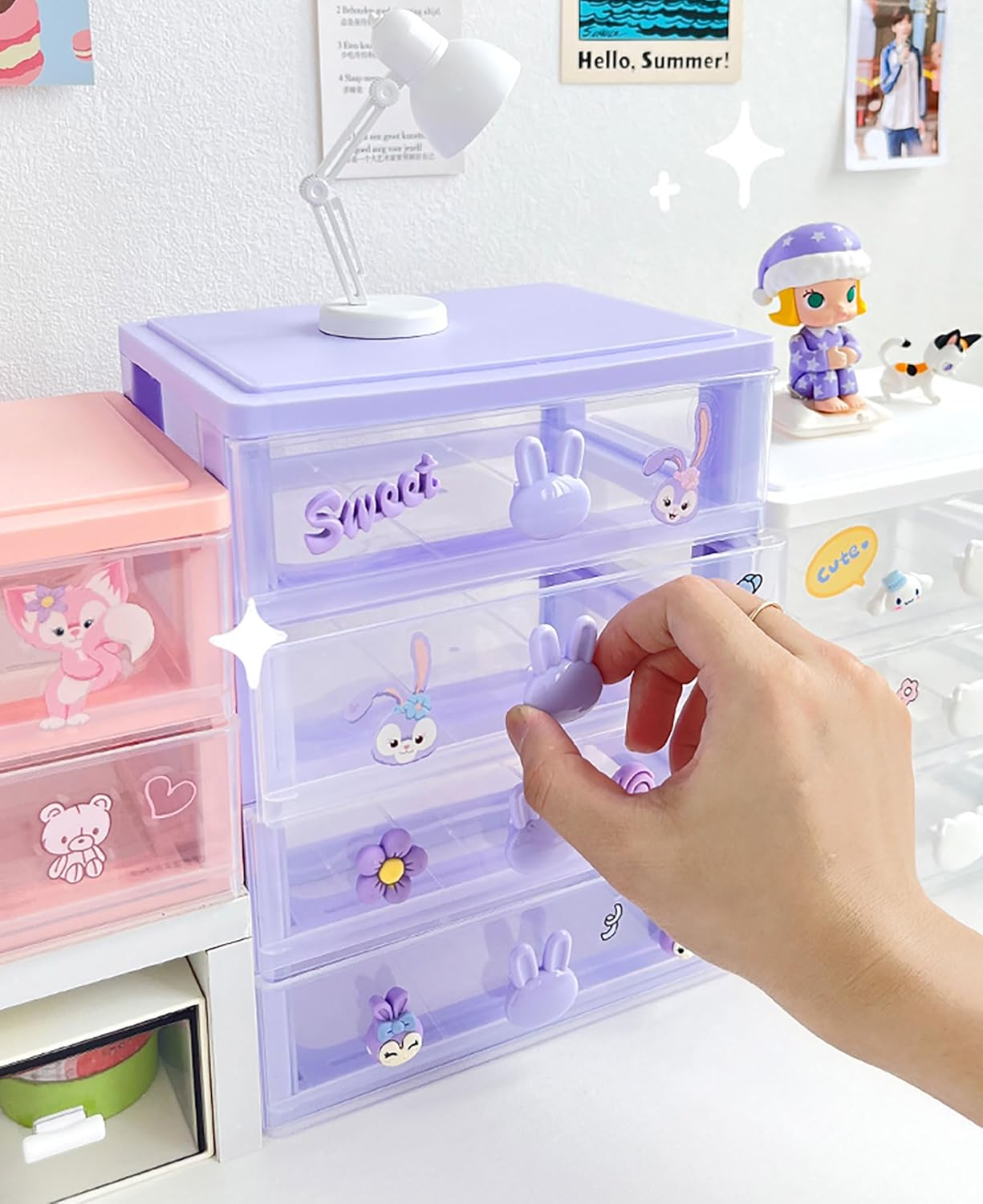 3 Drawer Storage Organizer Small Plastic Drawer Kawaii Purple Desk Organizer Drawer for Bathroom, Dorm, Desk, Office