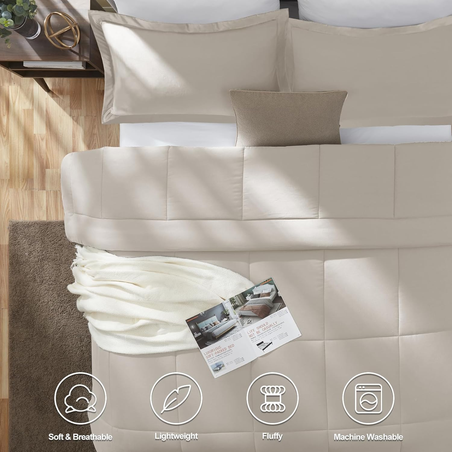 CozyLux Queen Size Comforter Sets - Beige Comforter Queen Size, 3 Pieces Box Stitched Soft Lightweight Bed Set, All Season Bedding Sets with 1 Down Alternative Comforter and 2 Pillow Shams