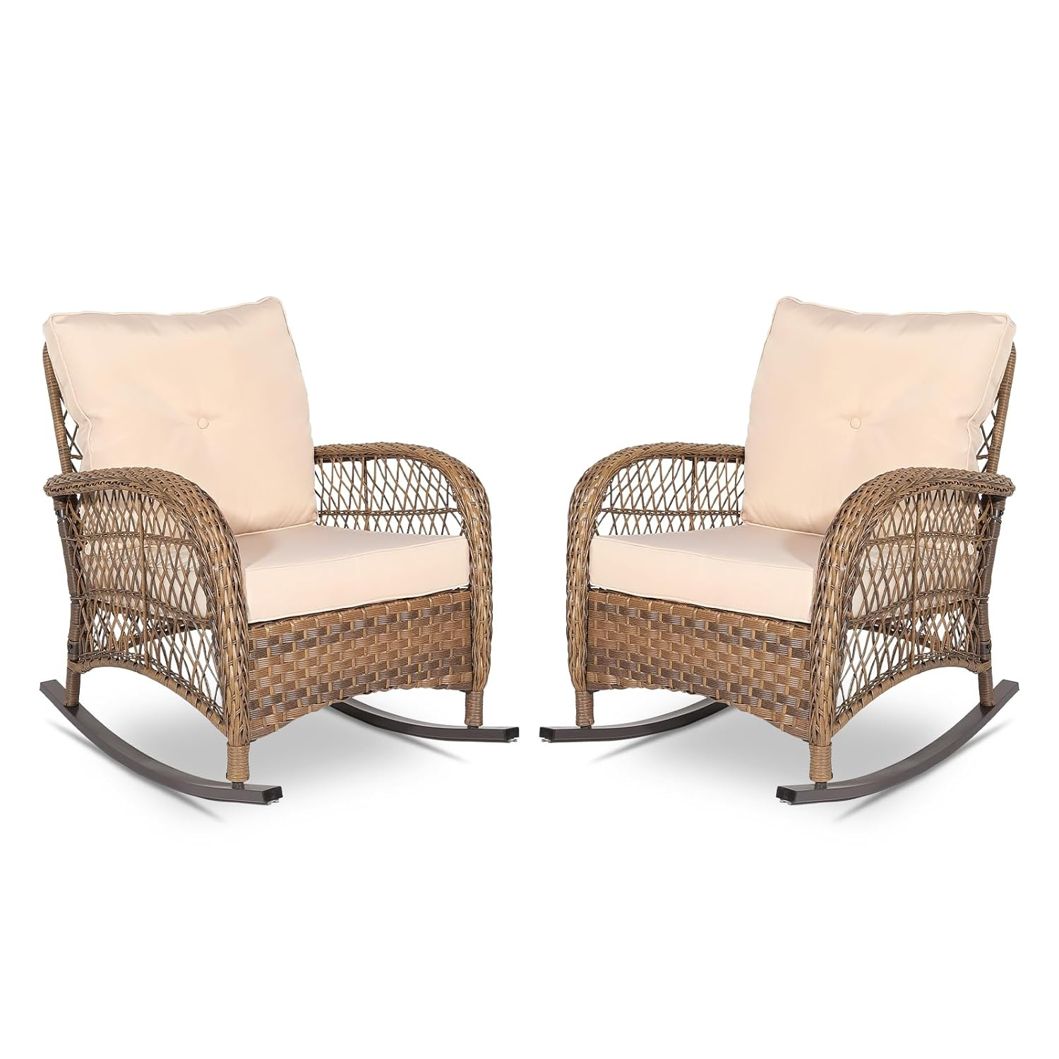 VIVIJASON 2 Piece Patio Wicker Rattan Rocker Chair, Outdoor Rattan Rocker Chair with Cushions & Steel Frame, All-Weather Rocking Lawn Wicker Furniture for Garden Backyard Porch (Beige)