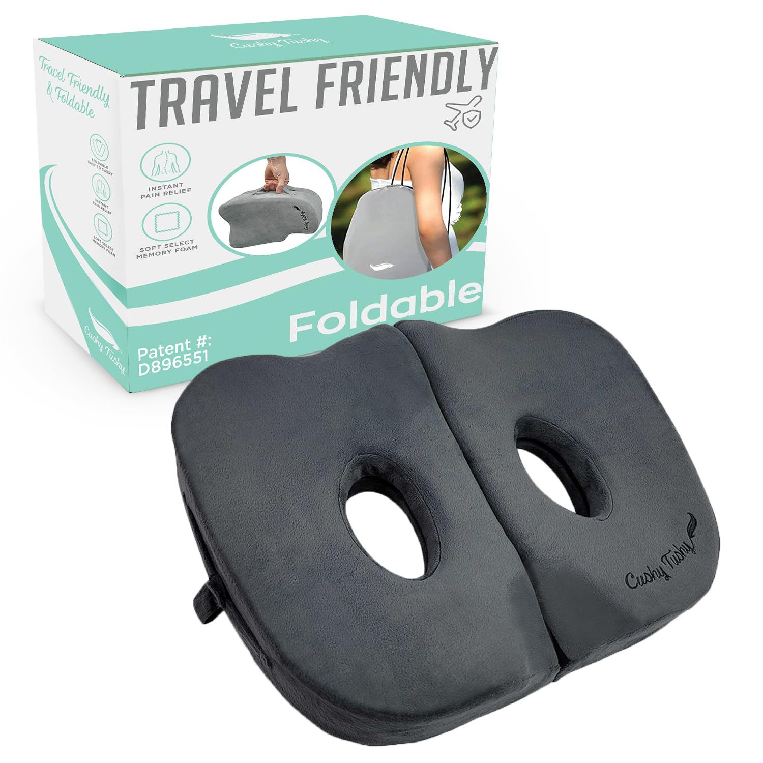 Cushy Tushy Foldable Sit Bone Seat Cushion, 18 in x 14 in, Gray, for Sit Bone Pain Relief, 1 Count