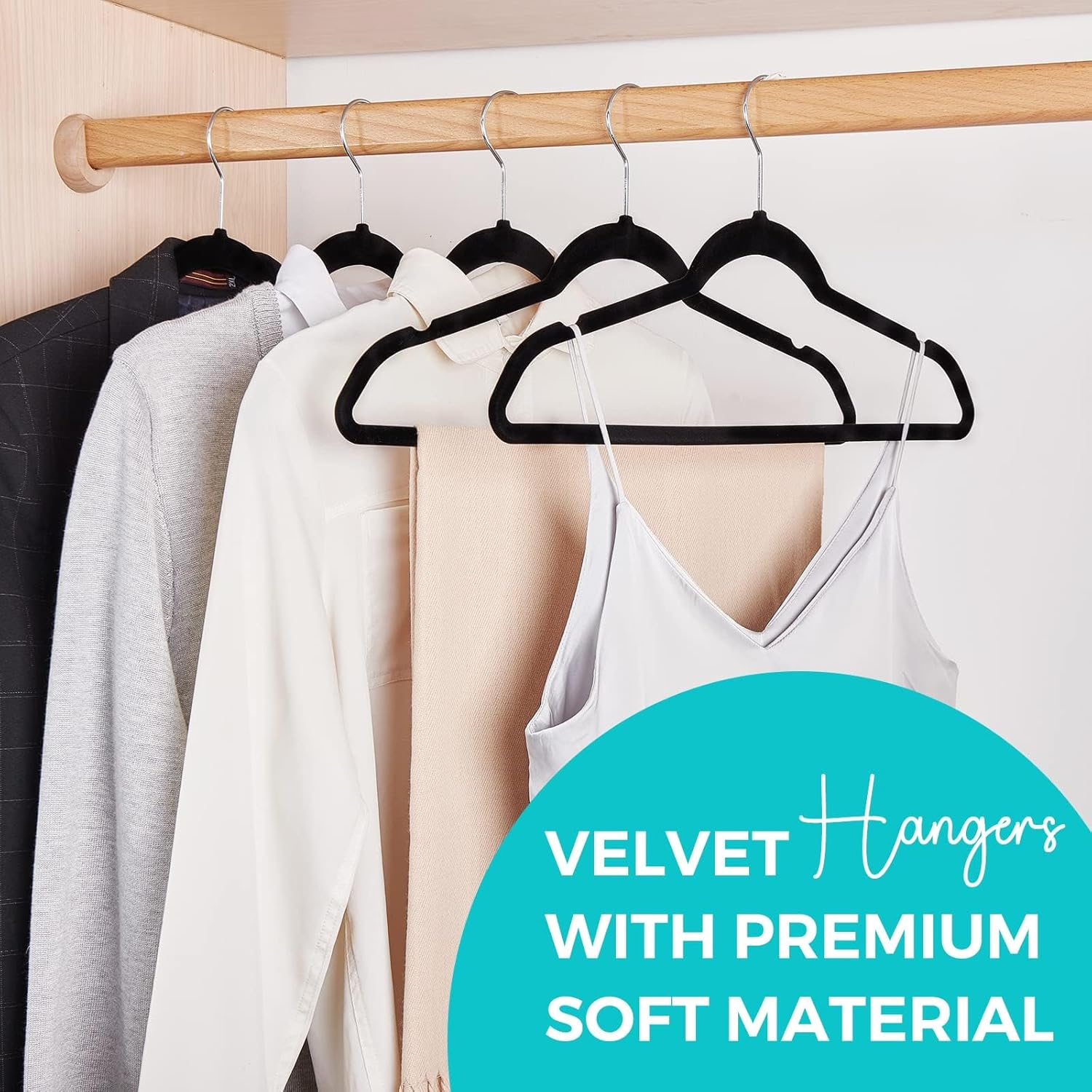 HOUSE DAY Premium Velvet Hangers 50 Pack Black, Non-Slip Flocked Felt Hangers, Sturdy Clothes Hangers with 360° Rotatable Hook, Heavy Duty Coat Hanger, Durable Slim Hanger for Closet Space Saving