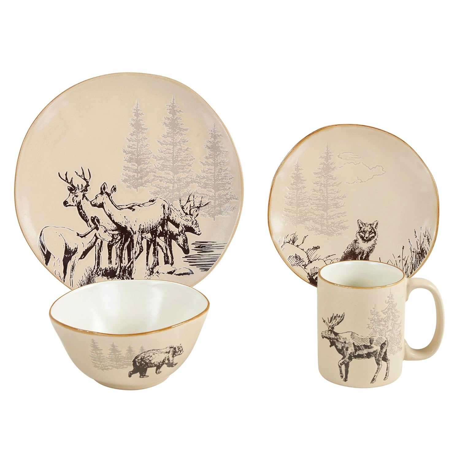 Paseo Road White Pine 16 Piece Ceramic Dinnerware Set, Pine Tree Bear Deer Moose Fox Print, Modern Rustic Cabin Lodge Dish Set with Plates, Bowls, Mugs