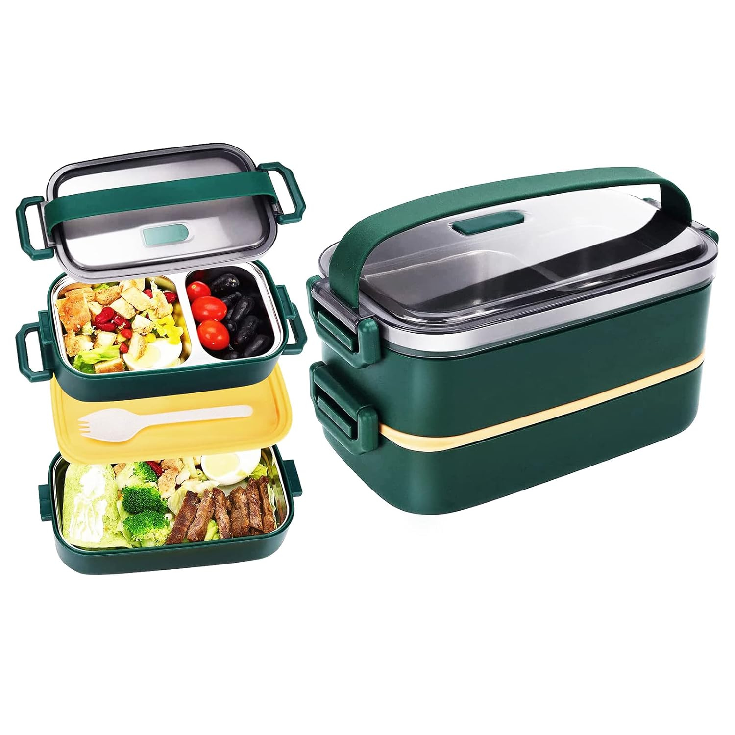 Stainless Steel Bento Box for Adults&Kids,Japanese Leakproof Lunch Box Divided Food Meal Storage Containers Set Stackable 2 Layer for Children School Picnic Green